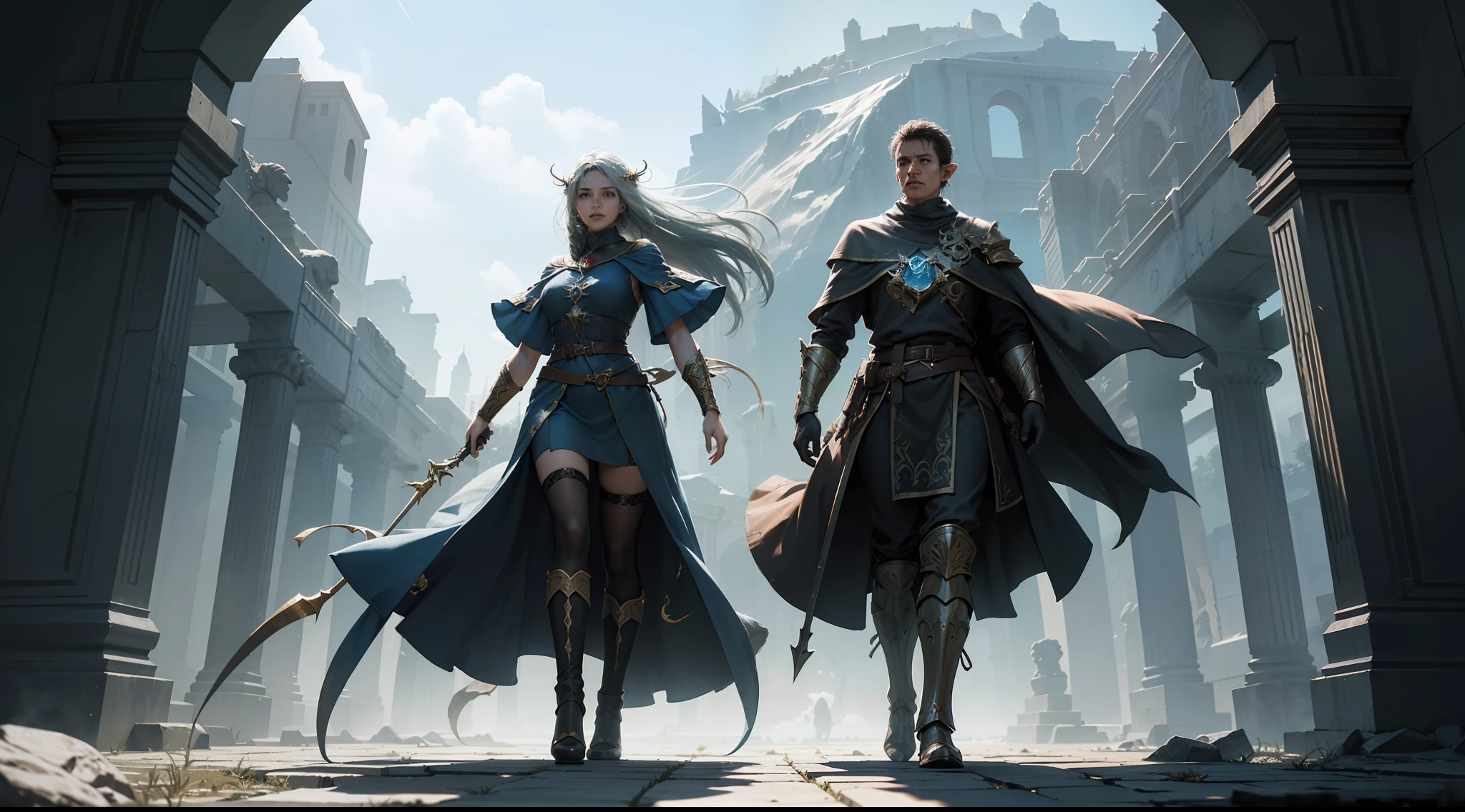 ((Best quality)), ((masterpiece)), (highly detailed:1.3)3D,tanjoreai , Amidst a realm of enchantment and mythical wonders, tales of (heroes:1.1) and (heroines:1.2) unfold. In this realm, ancient prophecies foretell the rise of a chosen champion destined to confront a malevolent force threatening to plunge the world into eternal darkness. The path to victory lies scattered across exotic and otherworldly landscapes, from mist-shrouded forests to towering crystalline peaks and (ethereal floating islands:1.1).Harnessing the arcane arts, (mighty wizards:1.1) conjure spells that weave intricate patterns of magic, while (elven archers:1.1) unleash arrows infused with ancient power. (Dwarven smiths craft legendary weapons:1.1) imbued with the essence of mythical creatures, capable of vanquishing even the most formidable foes.The heroes embark on a perilous quest, guided by ancient scrolls and cryptic riddles. Along their journey, they encounter wise mystics, shape-shifting creatures, and (mysterious sorceresses:1.1) who possess forbidden knowledge.As the heroes traverse the realms, ancient ruins and forgotten temples reveal long-lost secrets and powerful artifacts. The clash of steel and the crackling of (magical energies:1.1) echo through ancient battlegrounds, as the destiny of the world hangs in the balance. The heroes must summon unwavering courage, unwavering unity, and unlock their true potential to overcome seemingly insurmountable odds and fulfill their heroic destinies.In this realm of high fantasy, where the realms of magic and technology intertwine, where legends are born and (epic:1.2) sagas unfold, where heroes rise and villains fall, embark on a grand adventure that will captivate the imagination and transport you to a world where anything is possible,HDR (High Dynamic Range),Ray Tracing,NVIDIA RTX,Super-Resolution,Unreal 5,Subsurface scattering,PBR Texturing,Post-processing,Anisotropic Filtering,Depth-of-field,Maximum clarity and sharpness,Multi-layered textu