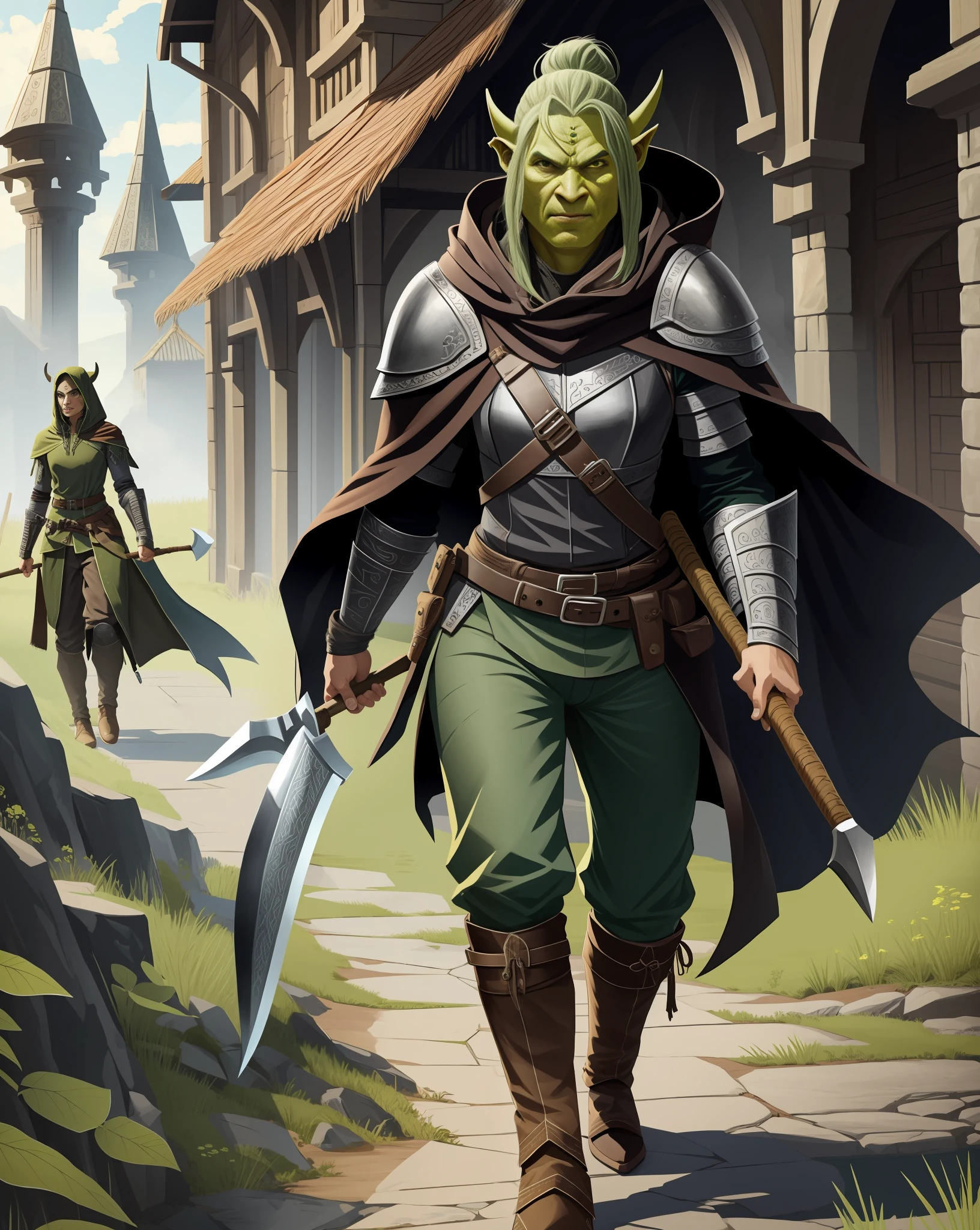 (highly detailed illustration:1.2), best quality, masterpiece, solo, full body, detailed face, detailed eyes, yellow eyes, walking upright, solid background, Leather armor, dark green cloak, hood up, green face, brown leather boots, female, female orc, orc, 1 person, medieval period, no background, holding axe, battle-axe, green skin, tusks, grey travelers pants, black shirt, tusks, one weapon, young woman, young orc, pretty, human face