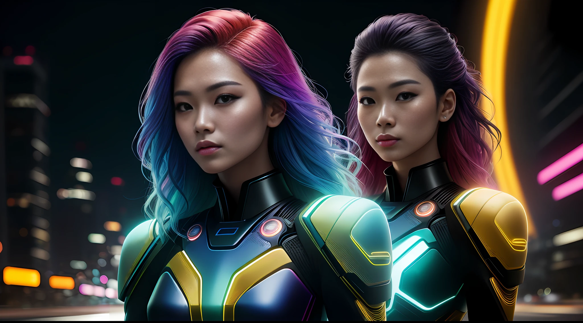 portrait photography, beautiful young thai woman with colorful hair looking off camera in glowing futuristic outfit, super realistic face, eyes visible through hair, proper eye position, natural skin, soft light, rim light, hips, in road side, detailed background, intricate , highly detail, octane render, HD, 8k, by Annie Leibovitz,120mm