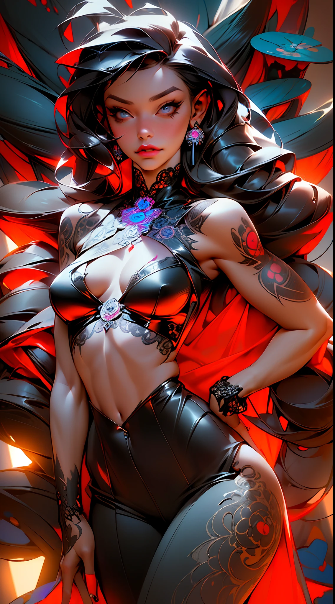((best quality)), ((masterpiece)), ((realistic)), (detailed) 1ghotic girl with fluid hair, melt, sexy, lace clothes, tattoos, lots of skulls, mandalas, cinematic, sharp, ray tracing, brightness, luminosity