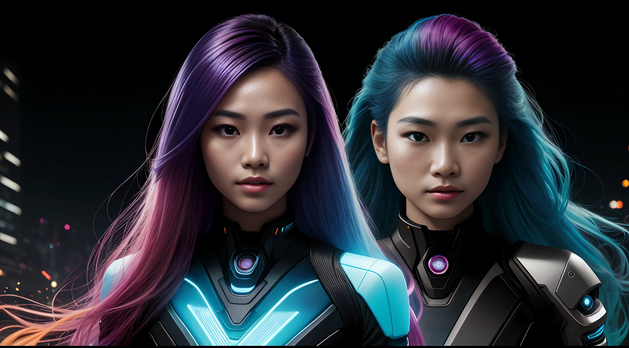 portrait photography, beautiful young thai woman with colorful hair looking off camera in glowing futuristic outfit, super realistic face, eyes visible through hair, proper eye position, natural skin, soft light, rim light, hips, in road side, detailed background, intricate , highly detail, octane render, HD, 8k, by Annie Leibovitz,120mm