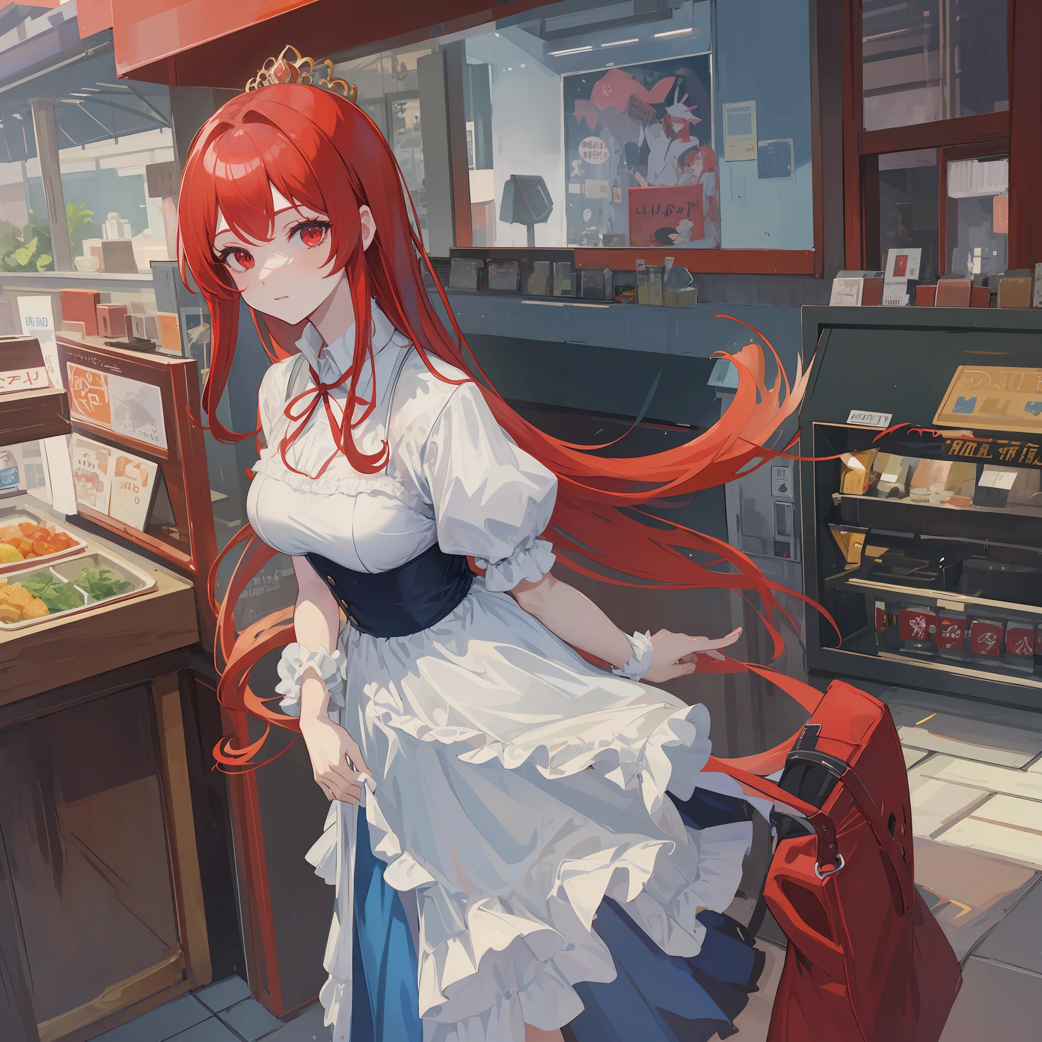 A princess of heaven, red hair, red eyes wearing casual cafeteria clothes, standing outside cafetaria still thinking