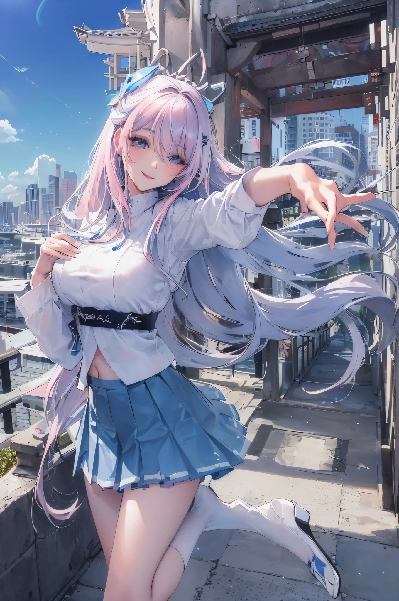 official art, masterpiece, sharp focus, (beautiful gorgeous cute Korean woman:1.3), (beautiful cute korean:1.3), korean beauty, Delicate and beautiful hair and eyes and face, realistic, ultra detailed, beautiful girl, blue sky, glow white particle, (sidelighting:1.2), sun light, white cloud, detailed clouds, slender, Lovely very large breasts and very large hips, smile with teeth, ((smile with eyes, open both eyes)), scenery, long straight hair, sexy facial expression, building, (cityscape:1.7), dynamic hair, long straight hair, detailed platinum pink hair, glow blue eyes, (blue pleated shirts + white skirt), white long socks, pale skin, hair ornament, epic scenery,