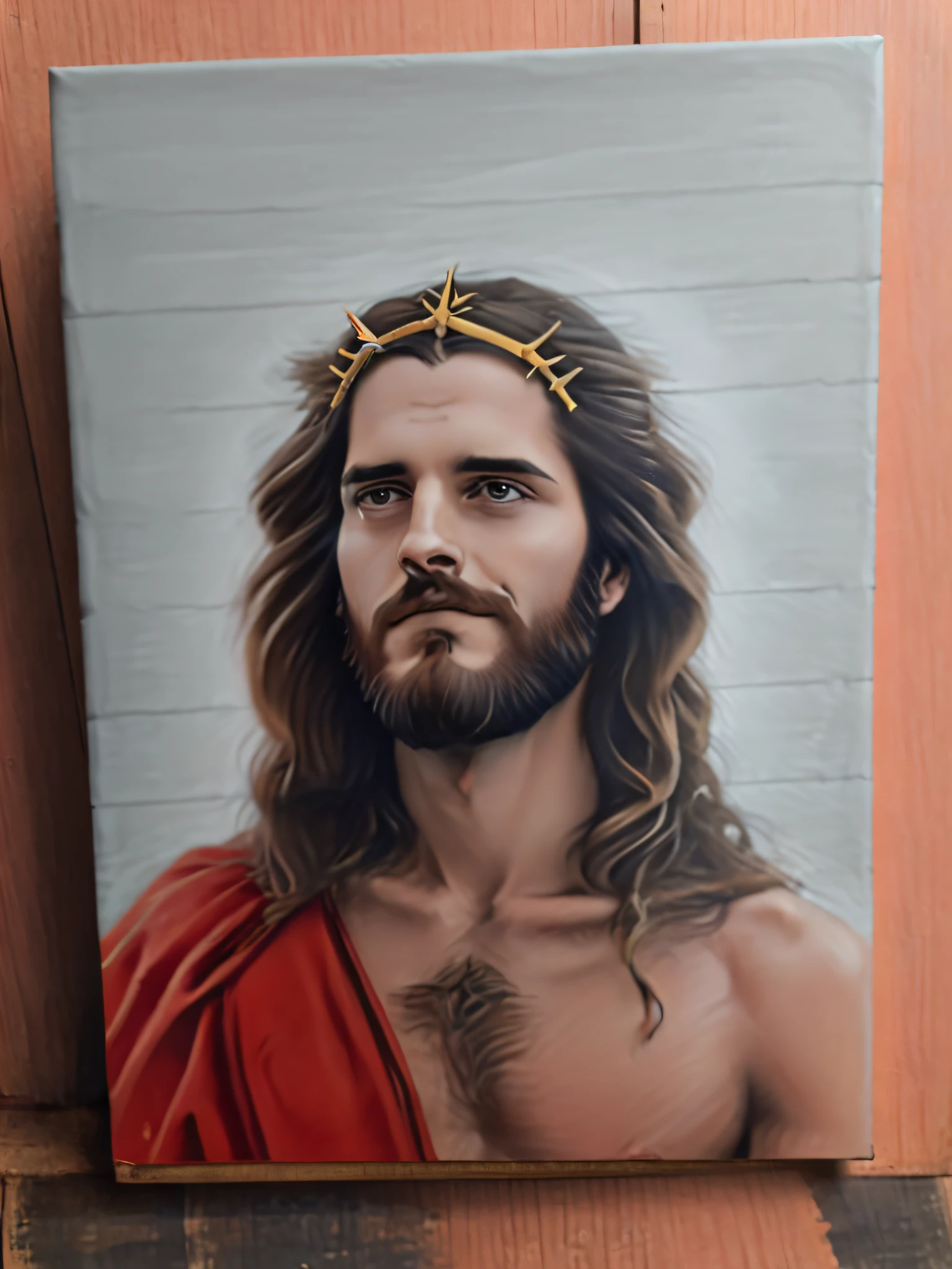 Painting of jesus with crown of thorns on his head, portrait of jesus christ, jesus of nazareth, face of jesus, jesus christ, jesus, oil on sharp canvas, inspired by Da Vinci, [oil painting]!!, oil on canevas, oil painting!!!, oil painting on canvas, very thin, 36k, high resolution.