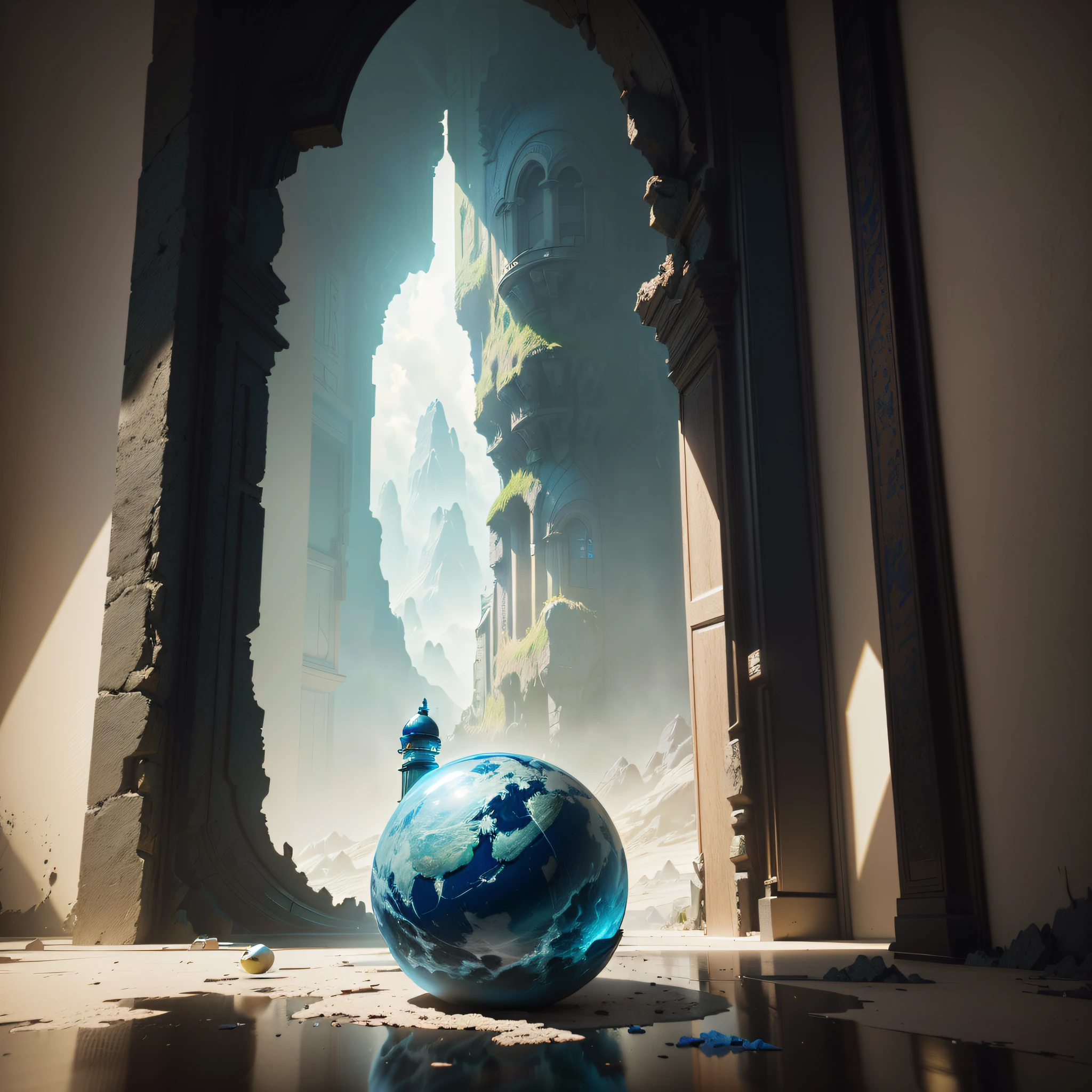 there is a blue globe sitting on the floor in front of a doorway, 3 d render beeple, unreal engine 5 digital art, fantasy style 8 k octane render, unreal engine fantasy art, beeple global illumination, beeple. octane render, beeple rendering, unreal enginedigital painting, cinematic beeple, (octane render) fantasy style