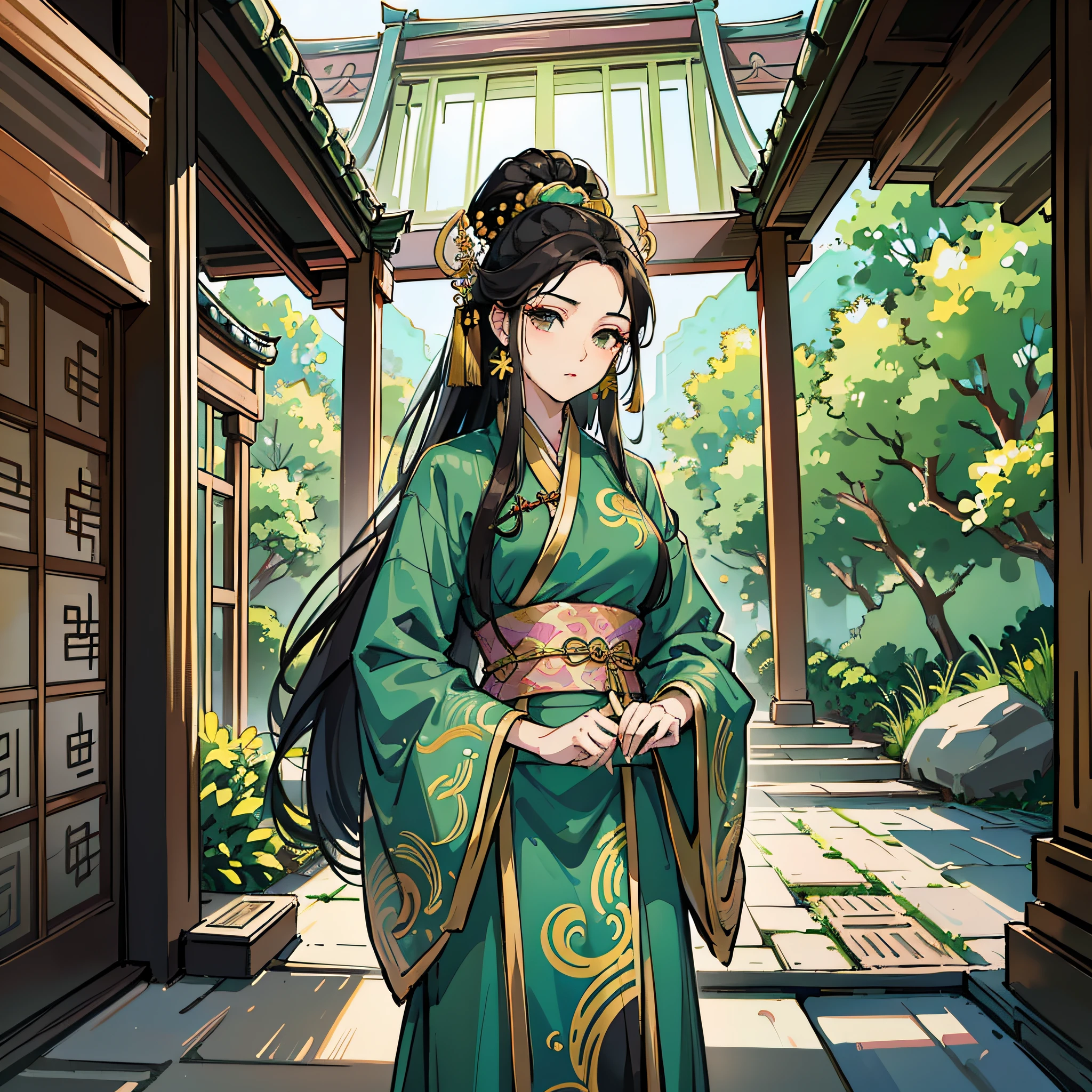 Masterpiece, best picture quality, daytime, outdoor, air, ancient style, ancient Chinese, 1 mature woman, black hair, long hair, hair bundle, green long dress, Hanfu, exquisite face display, exquisite detail display - --auto --s2