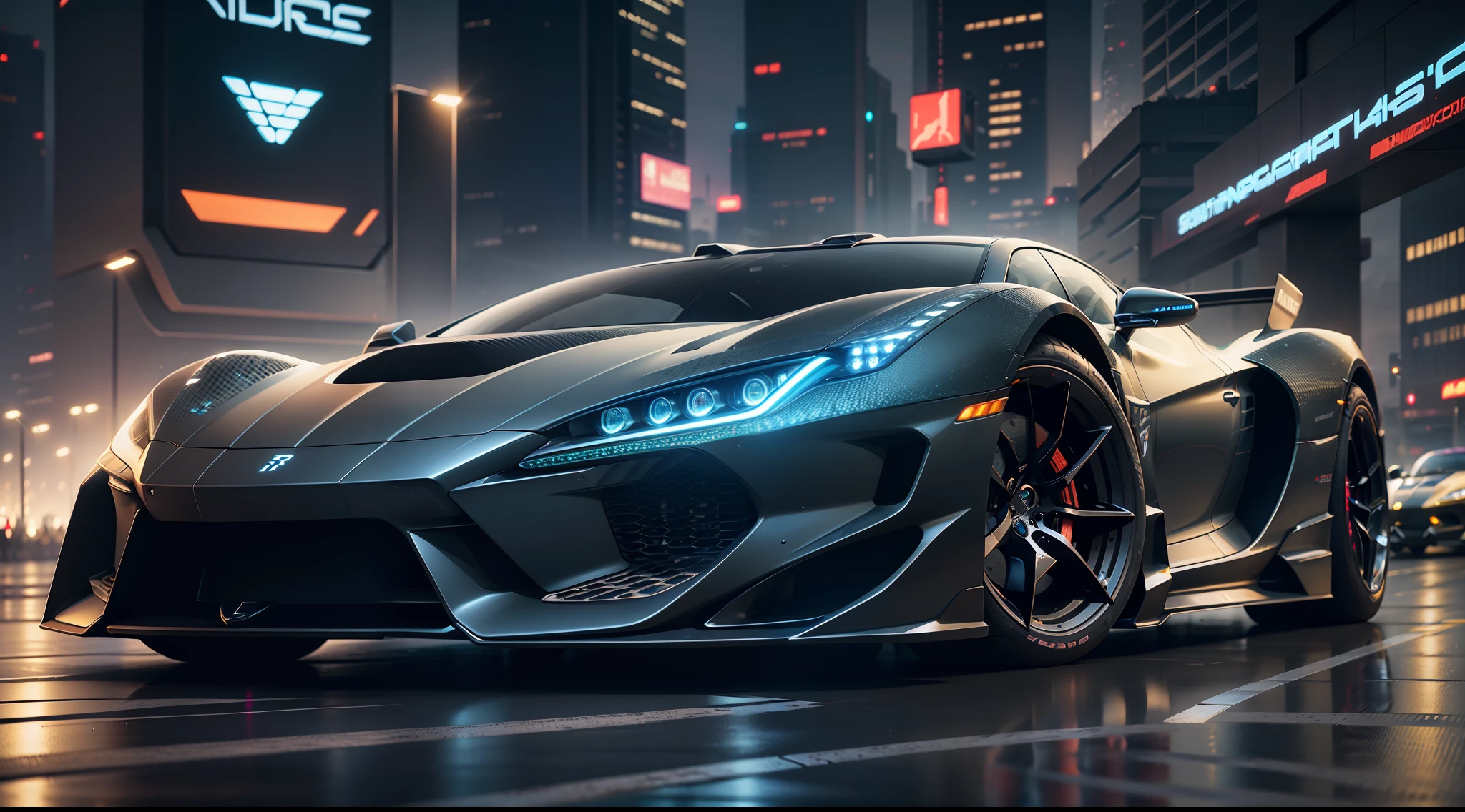 cybernetic car, futuristic cityscape, sports car, surrealism, dramatic lighting, high detail, octane rendering, unreal engine 5, art station, 8k, high contrast, rawe very detailed, sharp, filigree, high resolution, photos, dslr camera, realistic, wallpaper, neon signs, metallic gloss, particle reflections,