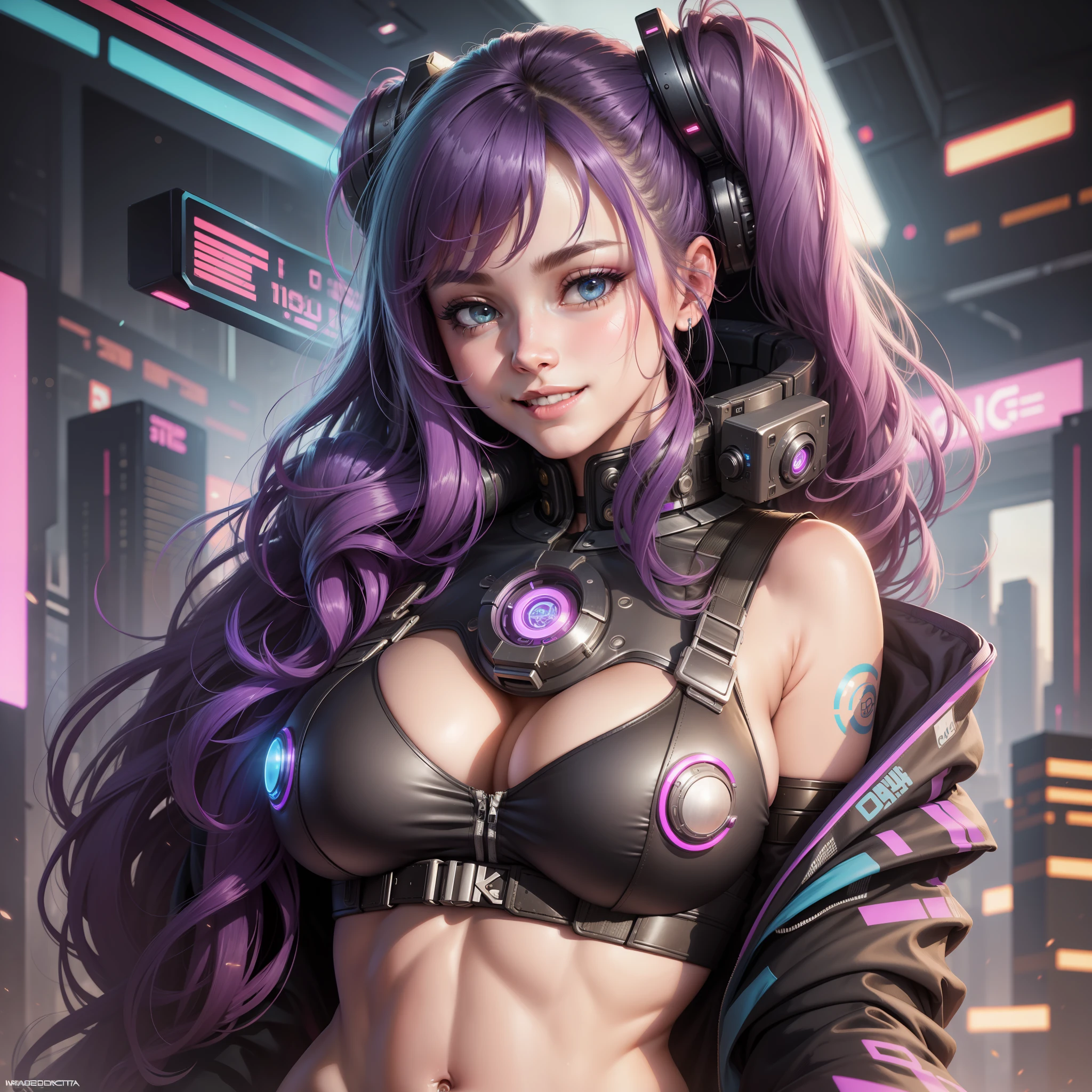 Girl Big Tits Cyberpunk Beauty Best Quality Futuristic World Cute Smile Masterpiece Long Hair