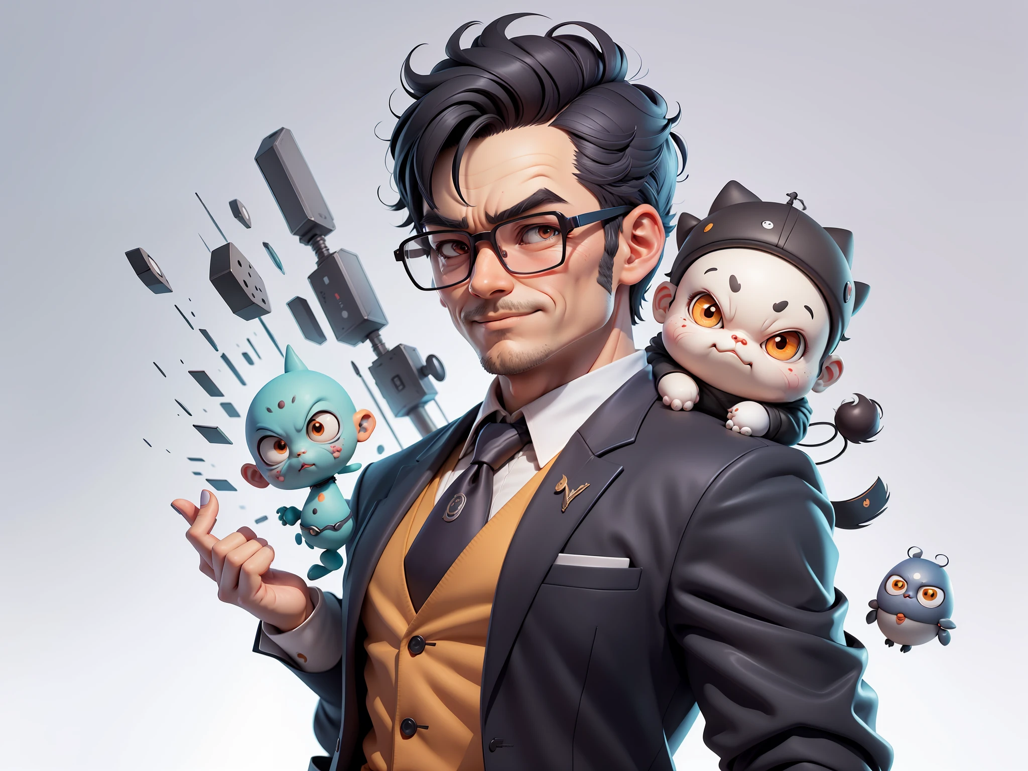 (Masterpiece), (Excellent), (Super Meticulous), (Full Body: 1.2), Super Young Man, Oriental Face, TV Anchor, Bust Portrait Illustration, Alone, Black Suit, Blue Tie, Silver Glasses, Slightly Chubby Face, Very Clean Face, No Beard, Black Super Short Hair, Black Eyes, Confident Smile, 3c Computer Sub-Products, iPad, iPhone, Digital Painting, 3D Character Design by Mark Clairen and Pixar and Hayao Miyazaki, the illustration is HD illustration in 4K resolution, With very detailed facial features and cartoon-style visuals.