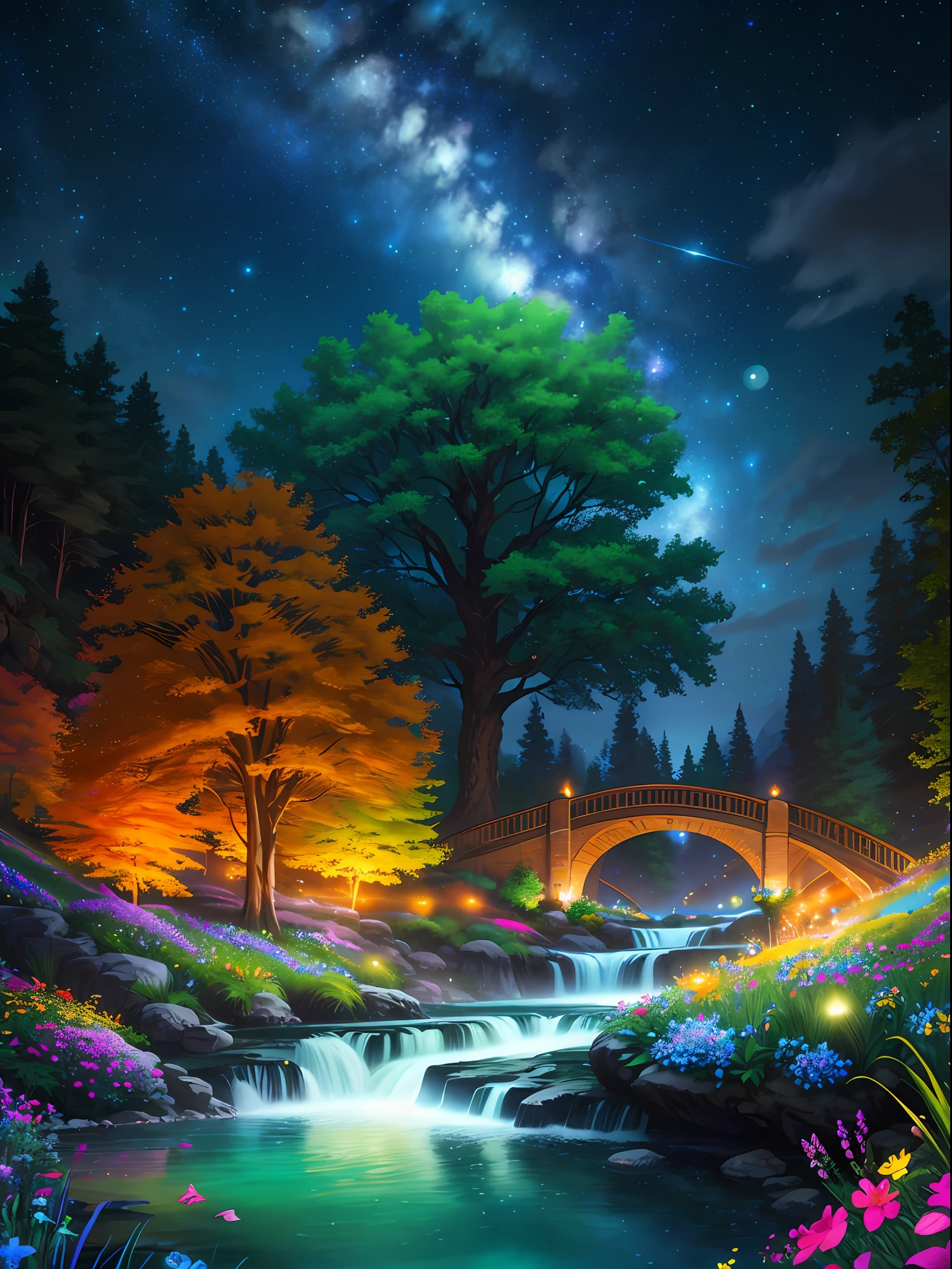 masterpiece, best quality, high quality, extremely detailed cg unity 8k wallpaper, an extremely colorful and purely fantasy environment with vibrant hues and a bright night sky, sky full of stars, landscape of bright green grass, colorful trees, glittering fruits, and bright glowing blue flowers. the streams are a deep shade of black, and the air is filled with sweet exotic scents. the environment appears to be taken out of a dream, with luminescent butterflies and giant colorful birds flying around, award winning photography, bokeh, depth of field, hdr, bloom, chromatic aberration ,photorealistic,extremely detailed, trending on artstation, trending on cgsociety, intricate, high detail, dramatic, art by midjourney