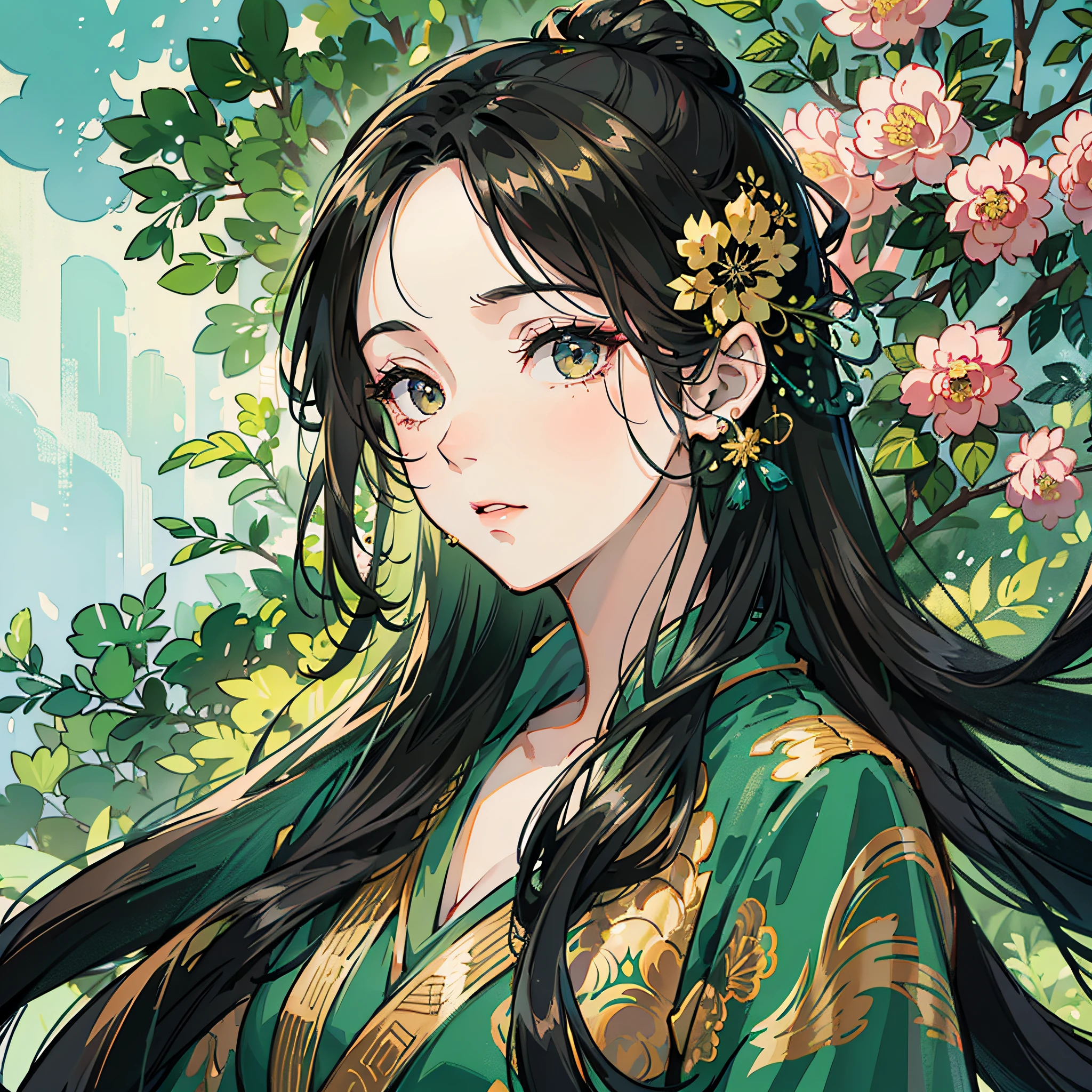 Masterpiece, best picture quality, daytime, air, ancient style, ancient Chinese, 1 mature woman, black hair, long hair, tied hair, green long dress, Hanfu, exquisite face display, exquisite detail display --auto --s2
