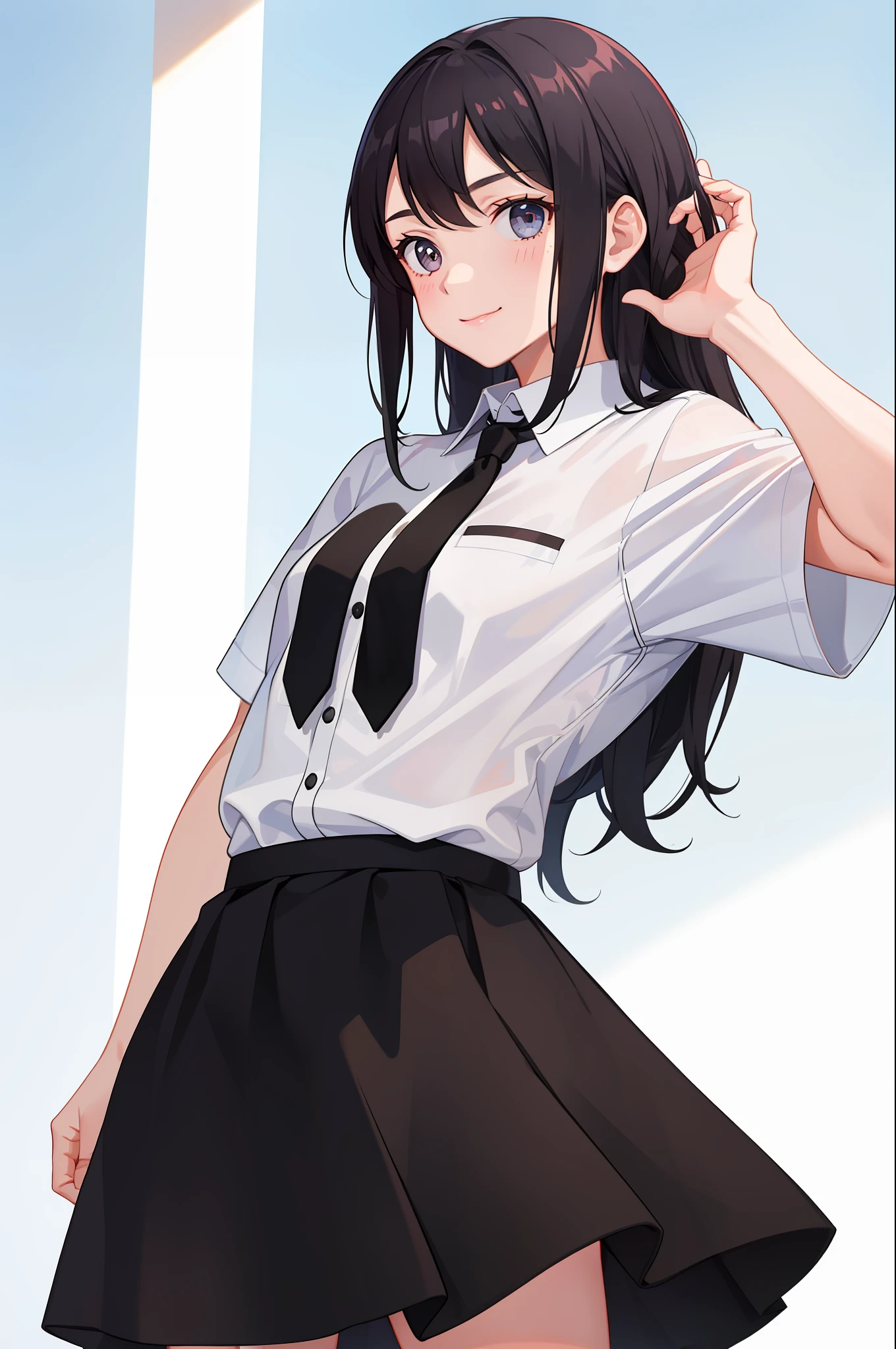 1 girl, smile, shirt, skirt, (small)