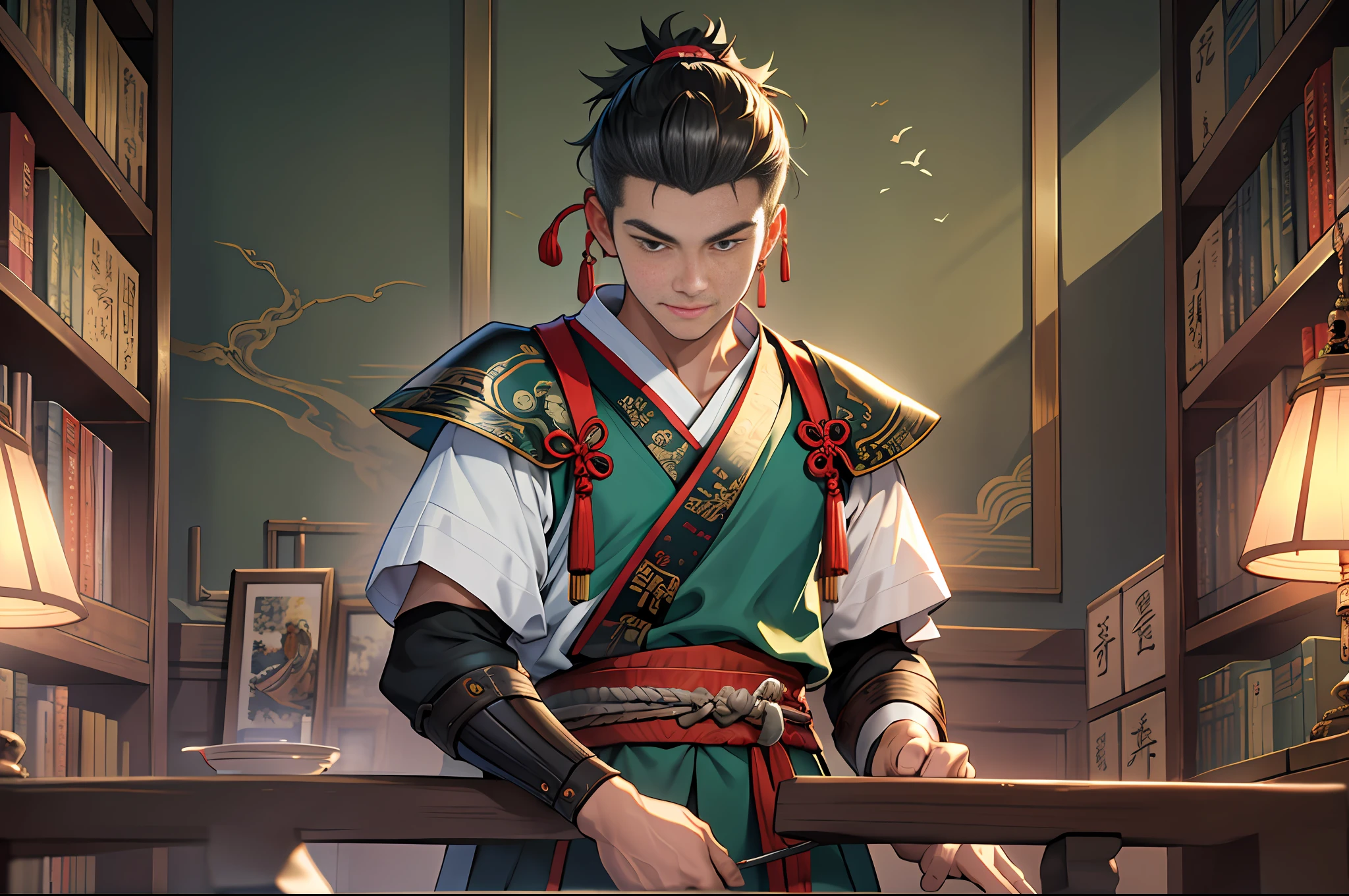 Best quality, masterpiece, high resolution, 1boy, ancient Chinese, 18 years old, samurai head, smile with disdain, tall, oncoming on, clear face, smooth skin, green exercise uniform, rows, bookshelf, mockery, library cabinet, 4k, 8k. Chinese ancient style. (High Detail Skin: 1.2), 8K UHD, DSLR, Soft Light, High Quality, Volumetric Light, Voyeur, Photo, High Resolution, 4K, 8K.