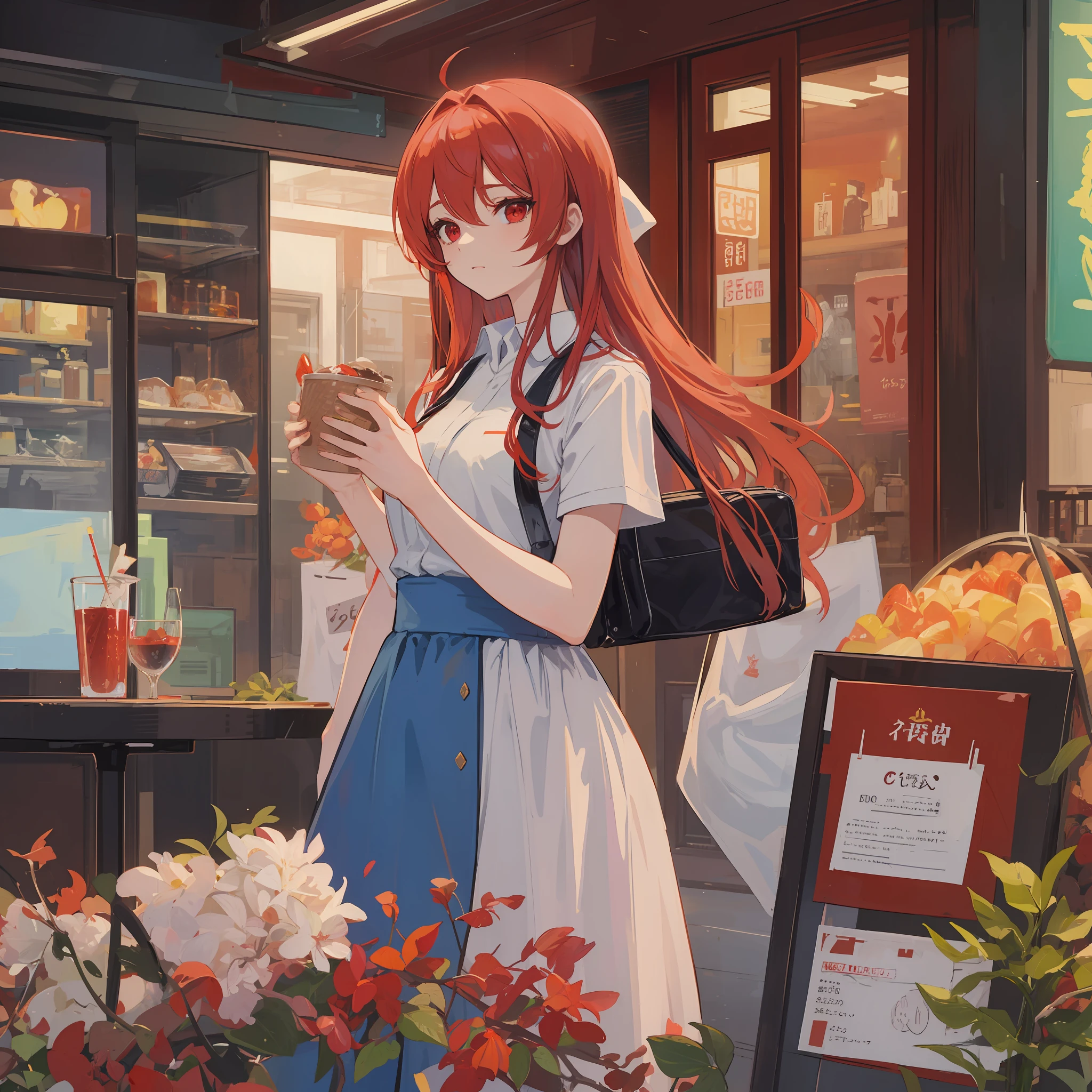 A queen of heaven, red hair, red eyes wearing casual cafeteria clothes, standing outside cafetaria still thinking