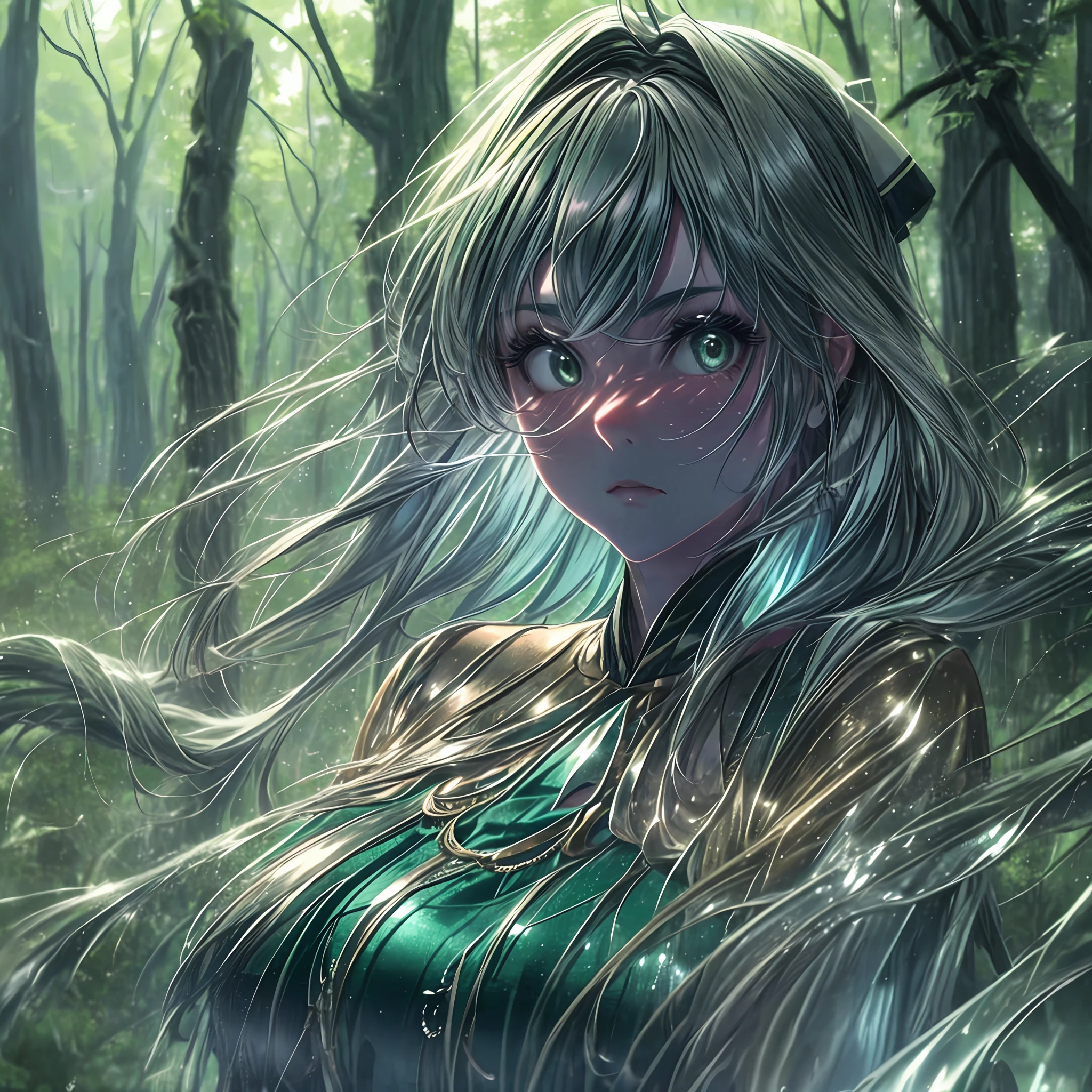 "A beautiful young woman in a forest, with indirect diffuse cinematic lighting. (1girl), blue hair, green dress. Gloomy environment, fog, rays of light filtering through the trees, sense of mystery and tranquility. Prompt for Stable Diffusion."