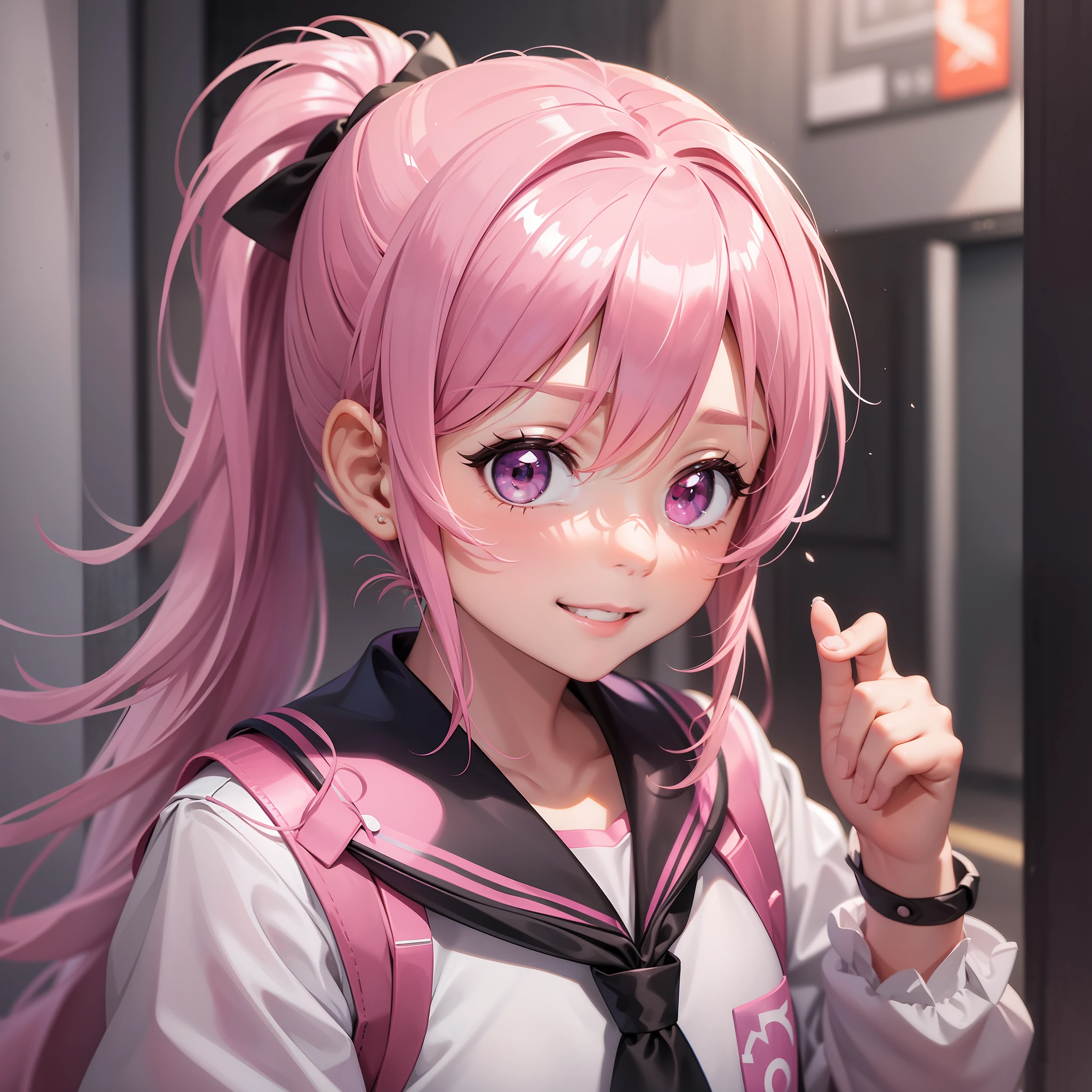  Randoseru Girl Smile Pink Hair Ponytail Best Quality Ultra High Definition Masterpiece School