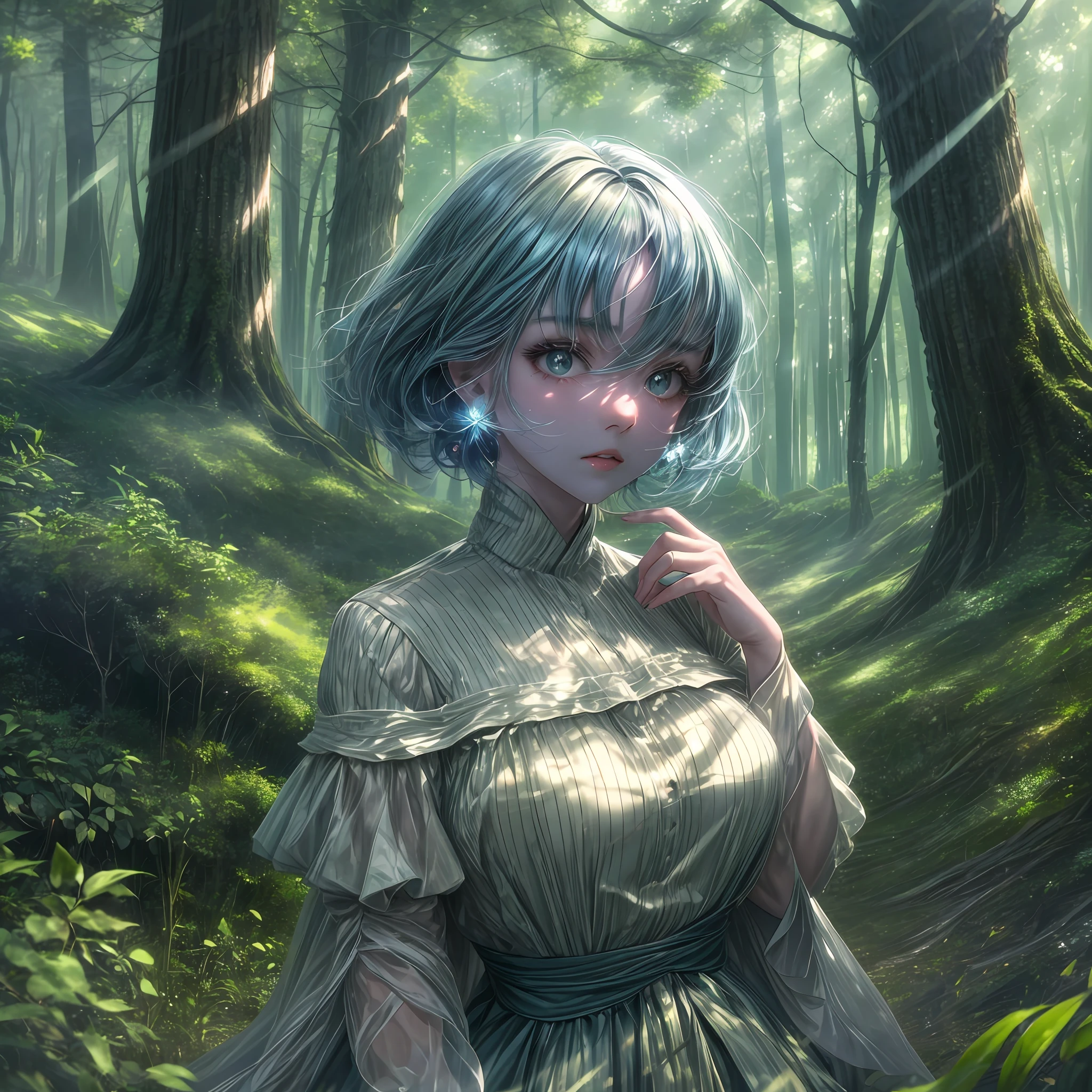 "A beautiful young woman in a forest, with indirect diffuse cinematic lighting. (1girl), blue hair, green dress. Gloomy environment, fog, rays of light filtering through the trees, sense of mystery and tranquility. Prompt for Stable Diffusion."