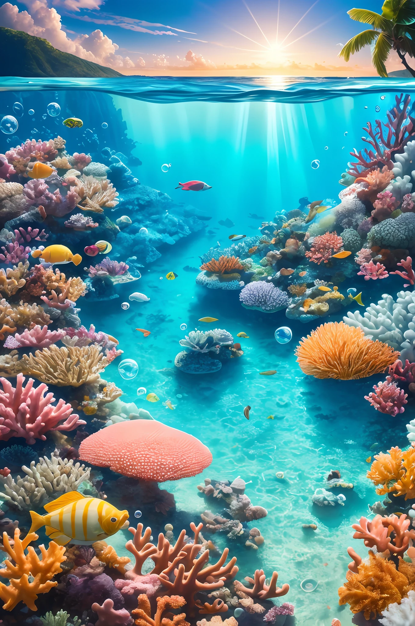 Bright tones, light in refreshing, masterpiece, top quality, high quality, highly detailed CG, highly detailed, complex, high detail, dramatic light and shadow, art and masterpiece, 8k, coral reef sea, rainbow after rain, boat rays, white sand and palm trees, transparent bubbles, refraction and reflection of bubbles