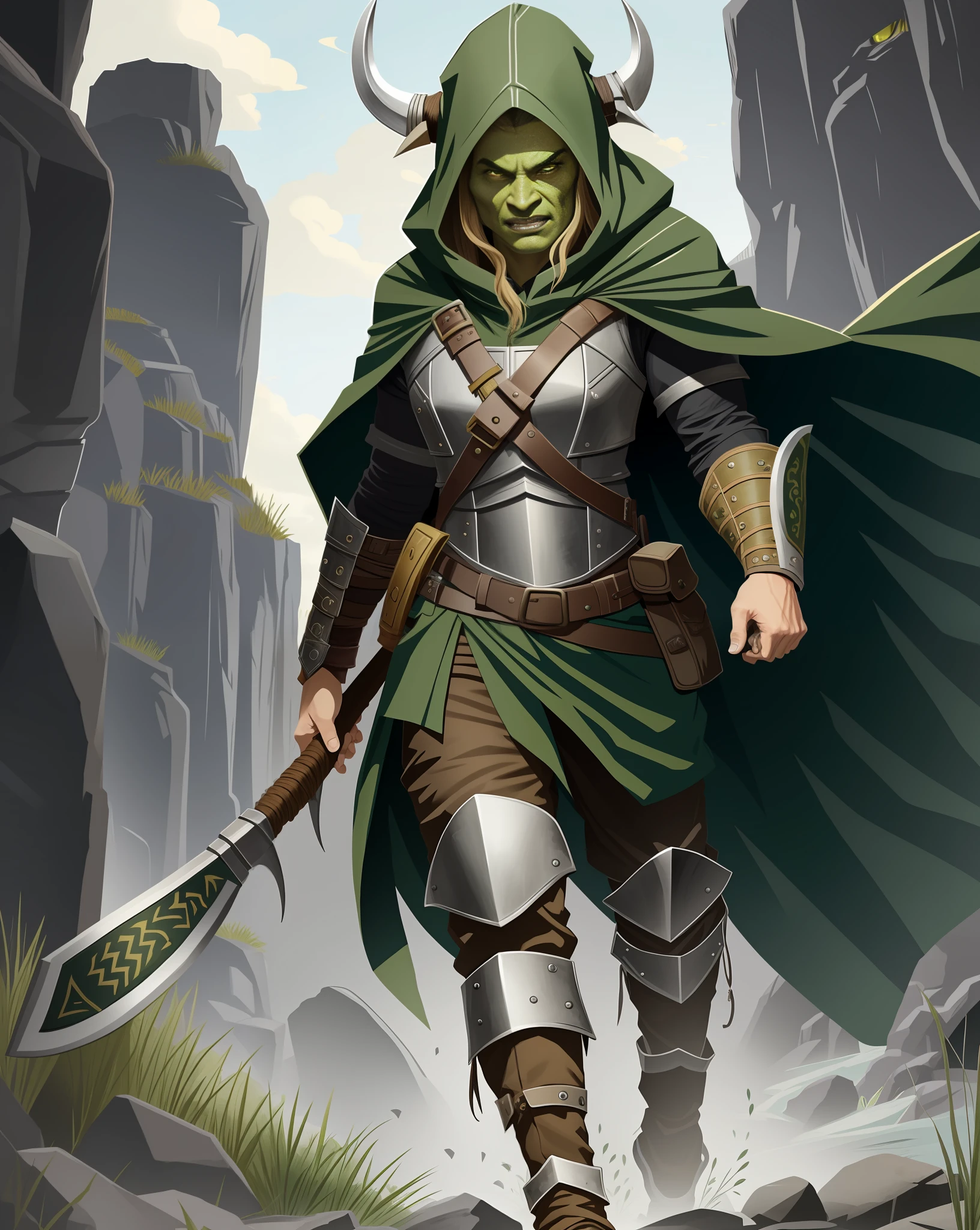 (highly detailed illustration:1.2), best quality, masterpiece, solo, full body, detailed face, detailed eyes, yellow eyes, walking upright, solid background, Leather armor, dark green cloak, hood up, green face, brown leather boots, female, female orc, orc, 1 person, medieval period, no background, holding axe, battle-axe, green skin, tusks, grey travelers pants, black shirt, tusks, one weapon, young woman, young orc, pretty, human face