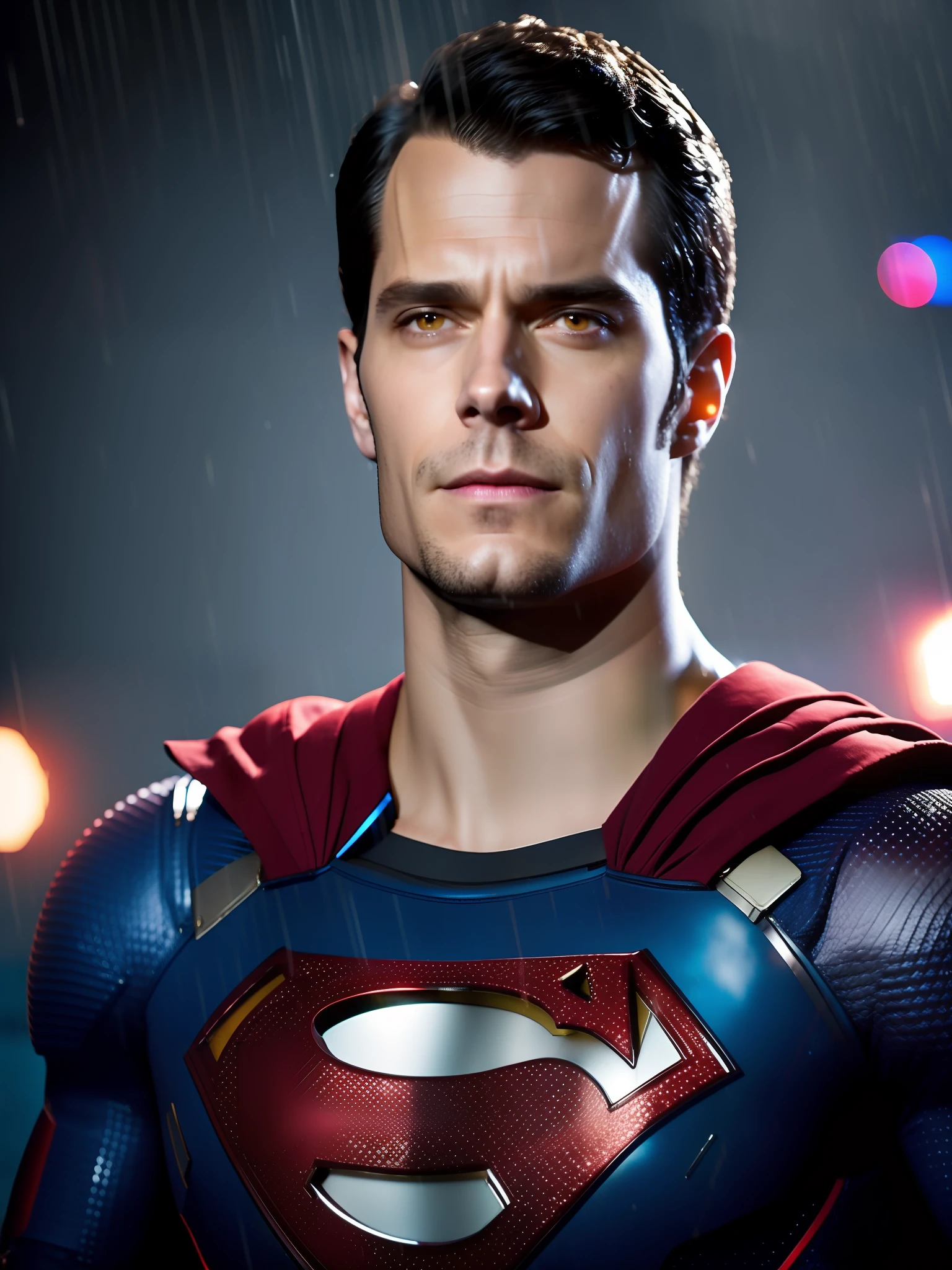 henry cavill as Superman award-winning photo of a man, Blue and red superhero suit, square jawline, asymmetric face, in rain, angry, red eyes, purple light, 80mm, bokeh, mass effect, close up, fking_cinema_v2, 8k, cinematic