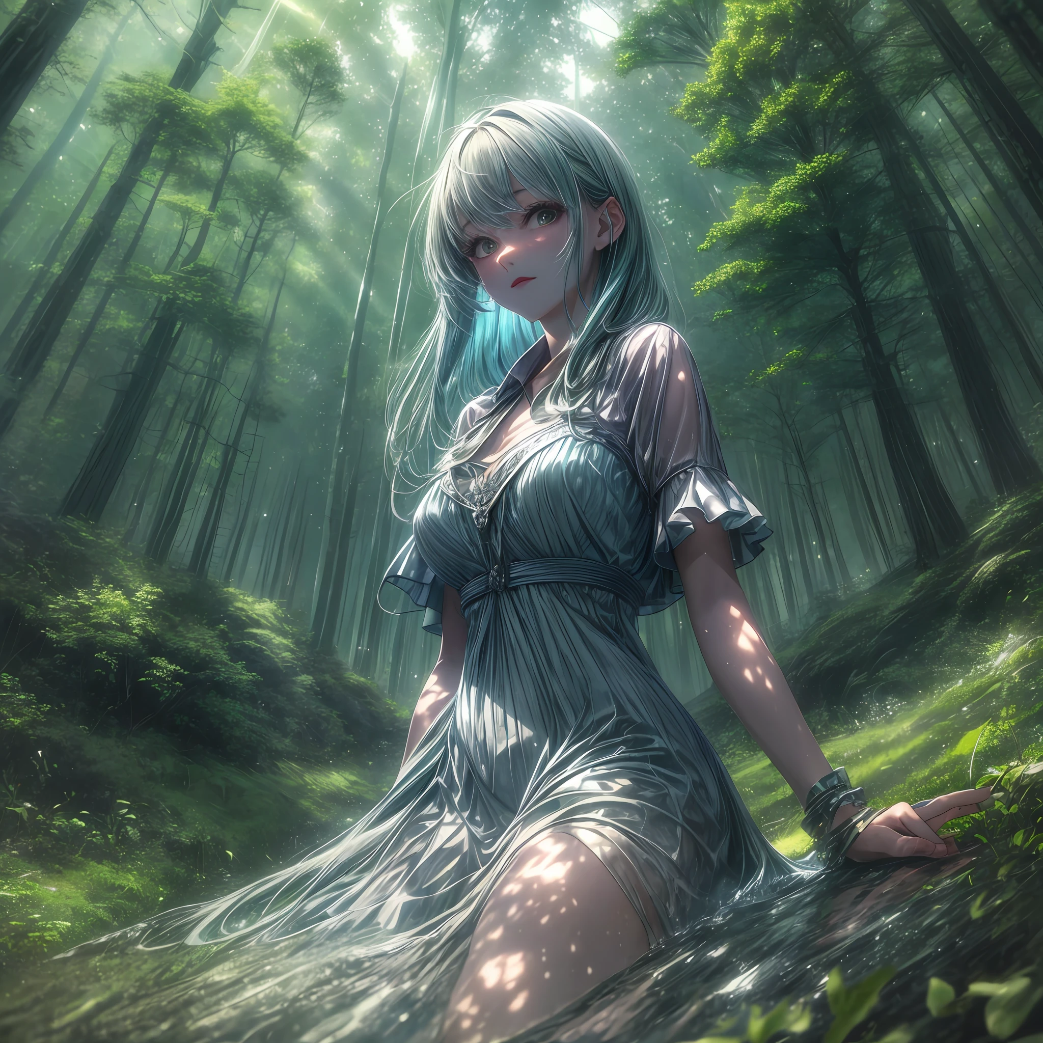 "A beautiful young woman in a forest, with indirect diffuse cinematic lighting. (1girl), blue hair, green dress. Gloomy environment, fog, rays of light filtering through the trees, sense of mystery and tranquility. Prompt for Stable Diffusion."