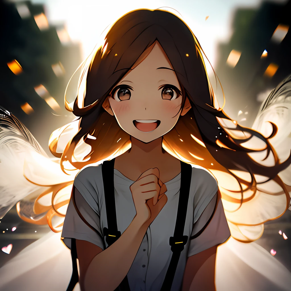 A girl, wearing comfortable off-the-shoulder suspenders, upper body, (laughs: 1.1), (open mouth: 1.1), (eyes open: 1.2), background blur, depth of field, blurred background, light particles, strong wind, (heart particles: 1.1)