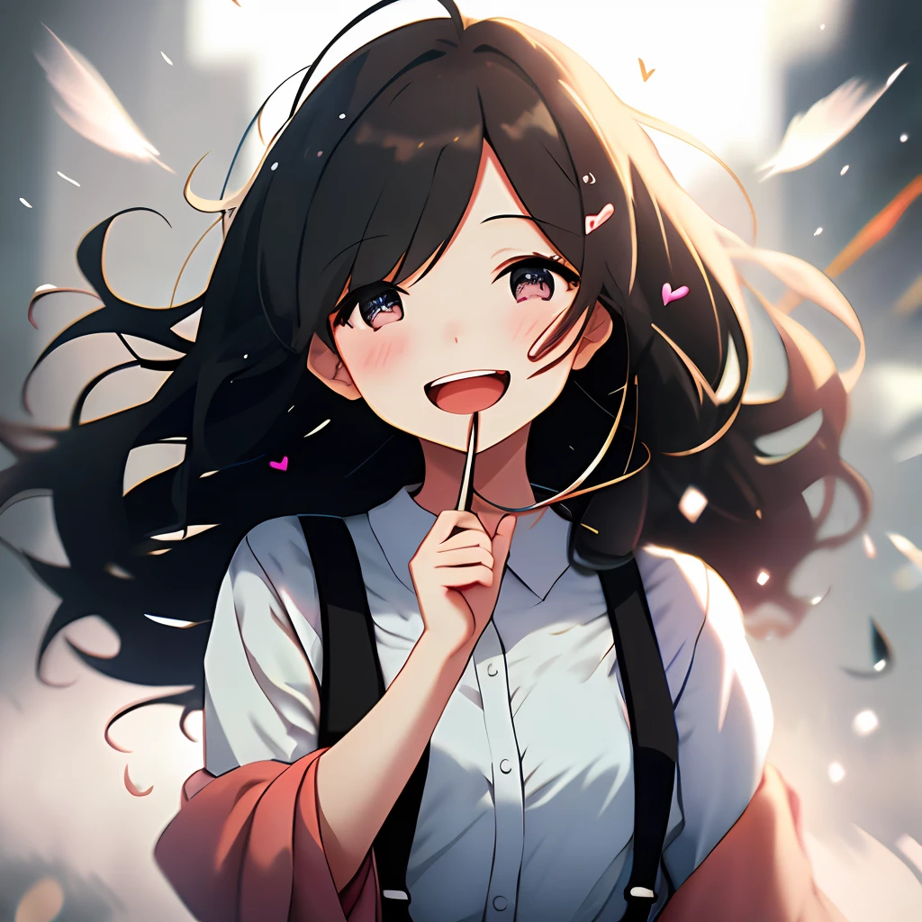 A girl, wearing comfortable off-the-shoulder suspenders, upper body, (laughs: 1.1), (open mouth: 1.1), (eyes open: 1.2), background blur, depth of field, blurred background, light particles, strong wind, (heart particles: 1.1)