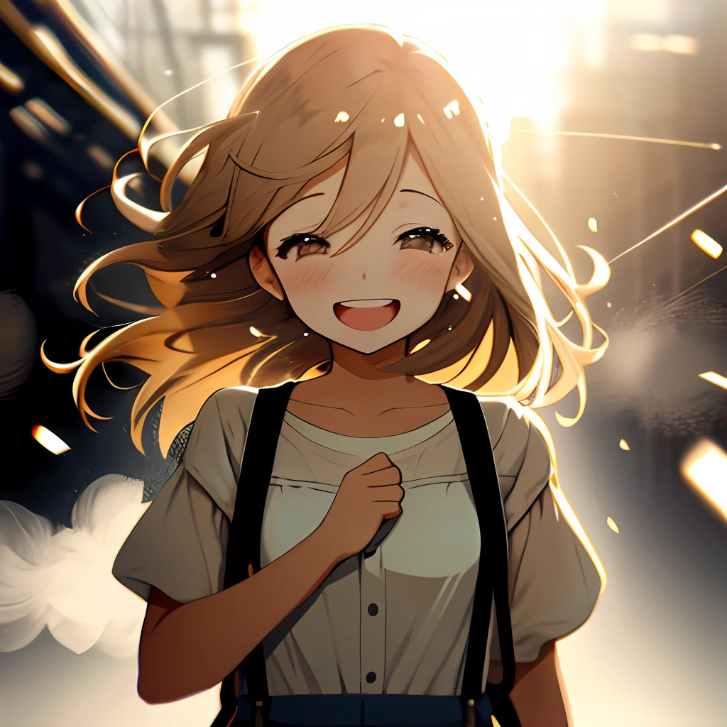 A girl, wearing comfortable off-the-shoulder suspenders, upper body, (laughs: 1.1), (open mouth: 1.1), (eyes open: 1.2), background blur, depth of field, blurred background, light particles, strong wind, (heart particles: 1.1)