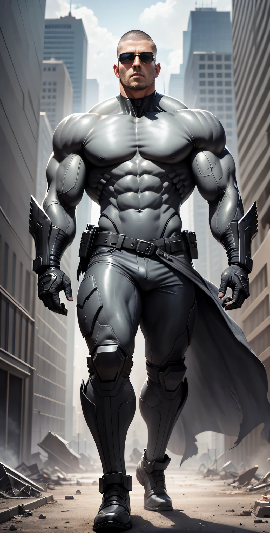 Arad man in gray, black and white clothes standing in desolate ruins, muscle male hero, Buzz cut, heroic male pose, tall and burly, muscular! Wearing black sunglasses, tall burly and strong, stealth suit, super buff and cool, high resolution committee, character design police, black military boots, attractive strong male