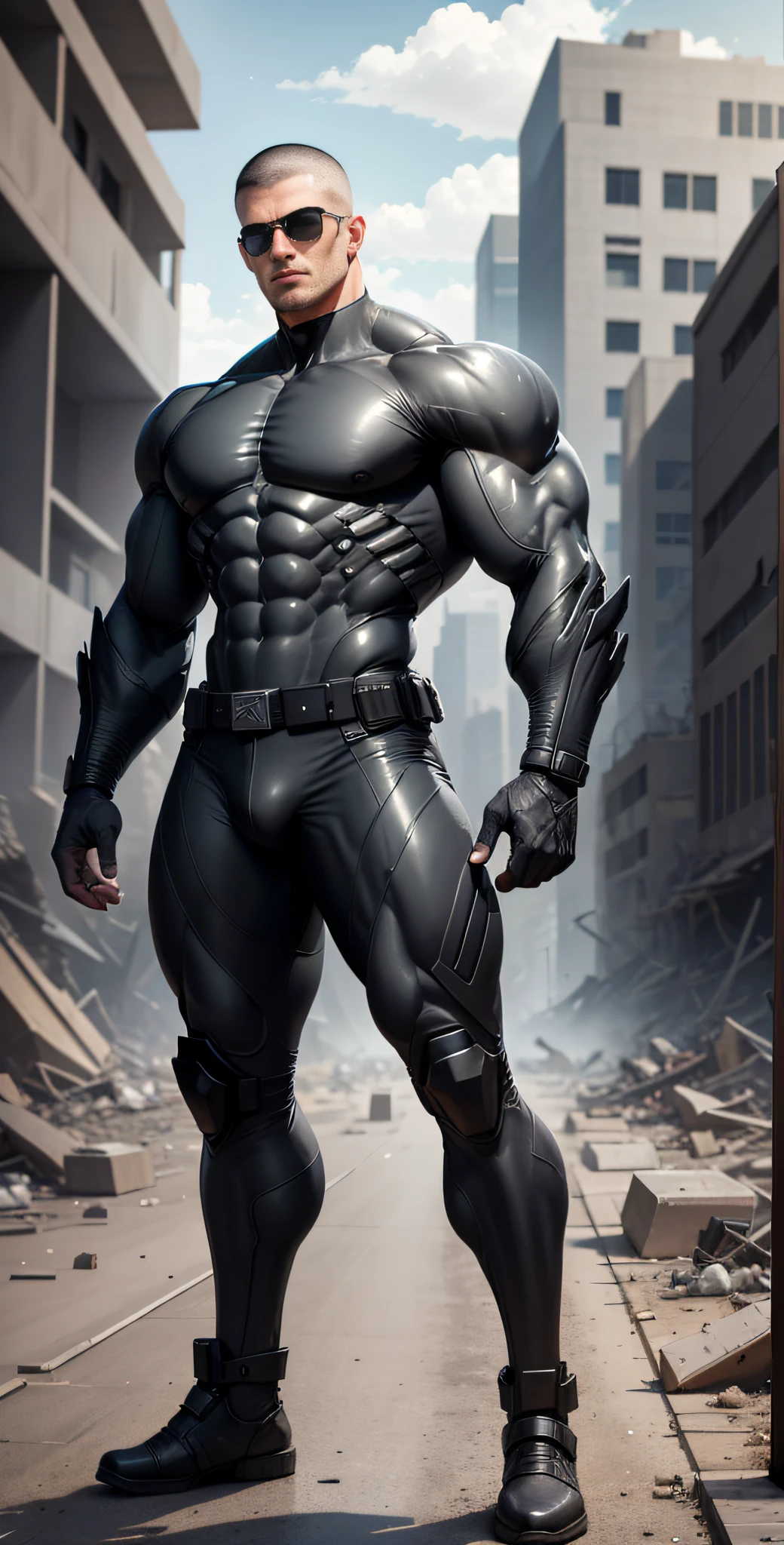 Arad man in gray, black and white clothes standing in desolate ruins, muscle male hero, Buzz cut, heroic male pose, tall and burly, muscular! Wearing black sunglasses, tall burly and strong, stealth suit, super buff and cool, high resolution committee, character design police, black military boots, attractive strong male