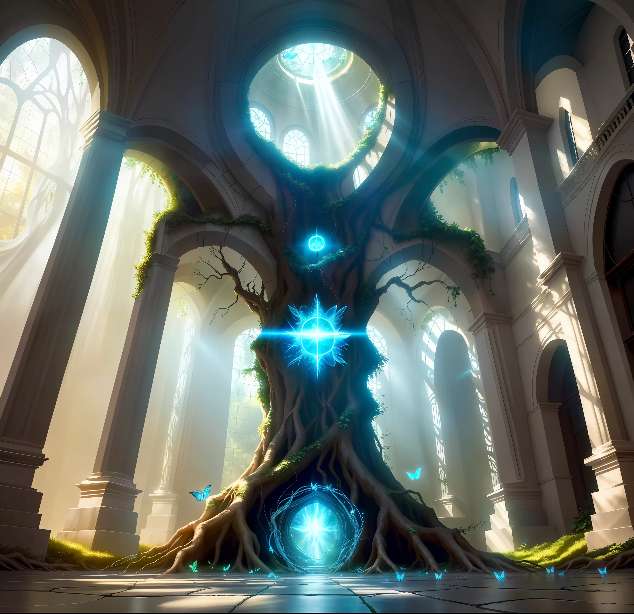 Future portal with rays and roots tangled, rays coming out of the portal, amazing scene, rays of light coming out of the portal, stone floor floor, bokeh effect, small butterflies flying, lush neon wings, beautiful wings lit, crossing magical portal