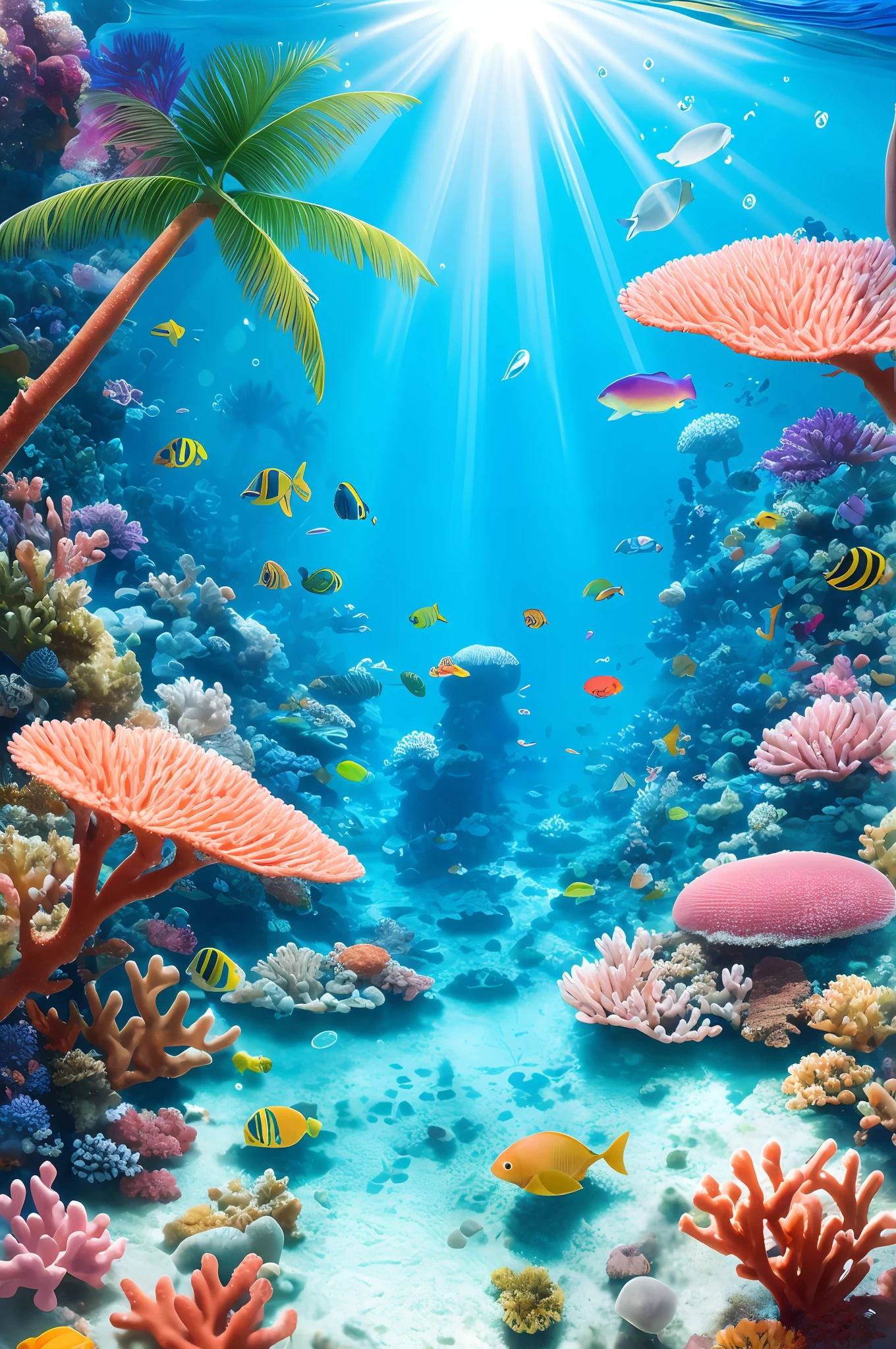 Bright tones, light in refreshing, masterpiece, top quality, high quality, highly detailed CG, highly detailed, complex, high detail, dramatic light and shadow, art and masterpiece, 8k, coral reef sea, rainbow after rain, boat rays, white sand and palm trees, transparent bubbles, refraction and reflection of bubbles