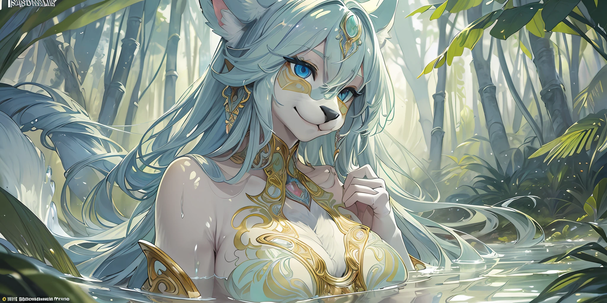 Top quality ultra-fine illustrations by Alphonse Mucha, Art nouveau, bathing in water, beautiful refraction of water, white dress soaked in water, transparent clothing, Delicate and elegant linework, Decoration with plant motifs, Geometric decoration, Poetic atmosphere, Rich colors, Dreamy, mystical(In the forest where the stream flows, Backlighting)(beautiful face and eyes with great detail)absurdres, perfect anatomy((Beastwoman))(Furry, Solo focus, dress)(furry anthro:1.7)(((furry body, Facial features of animal, Features of the animal body)))(((muzzle of the animal very detailed fur)))full body, Smile (portrait),