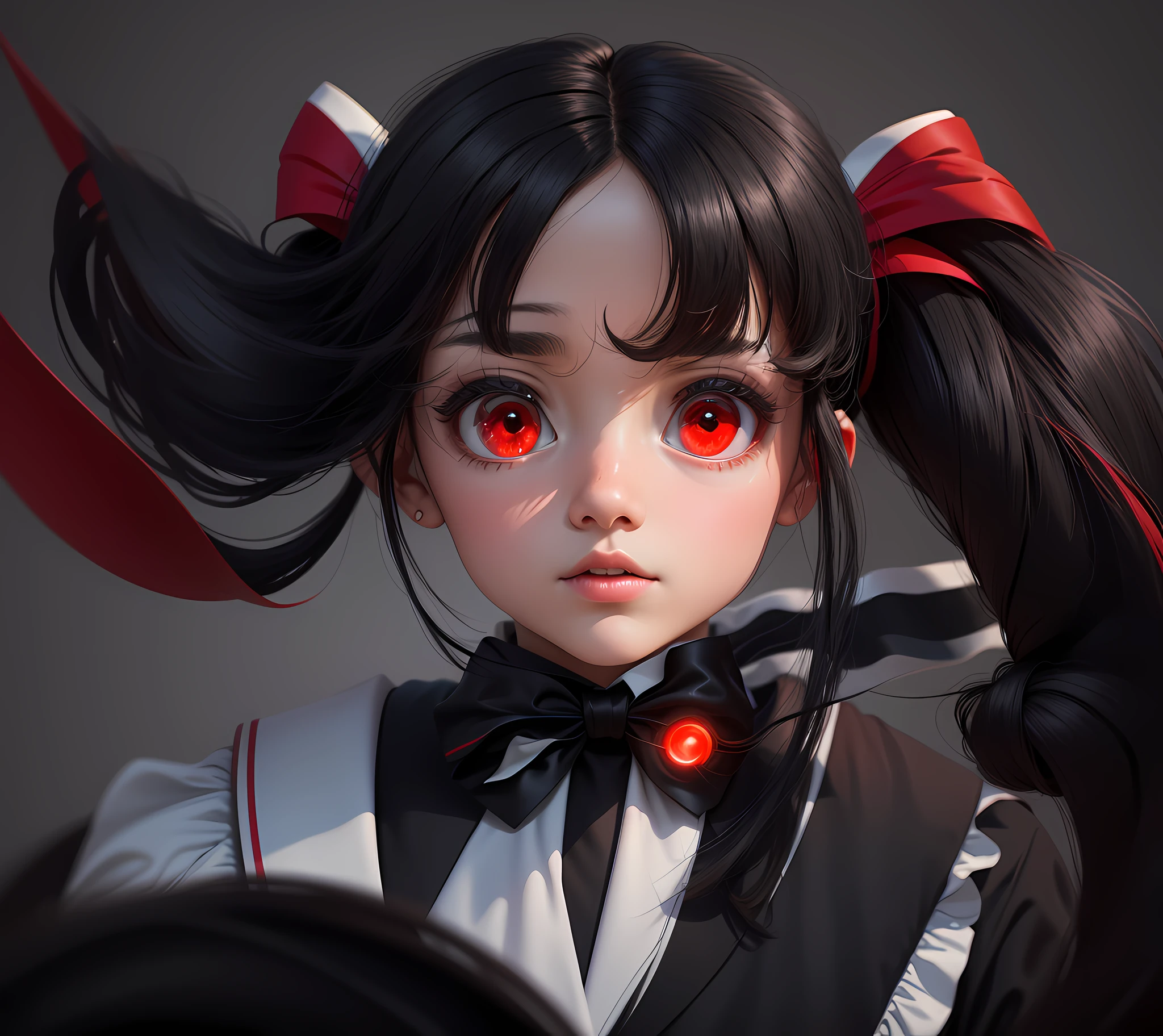 Masterpiece, 8k full hd, very detailed black hair, bow in hair, big red eyes, sailor outfit, best quality picture, high definition, cinematic light, white and gray background.