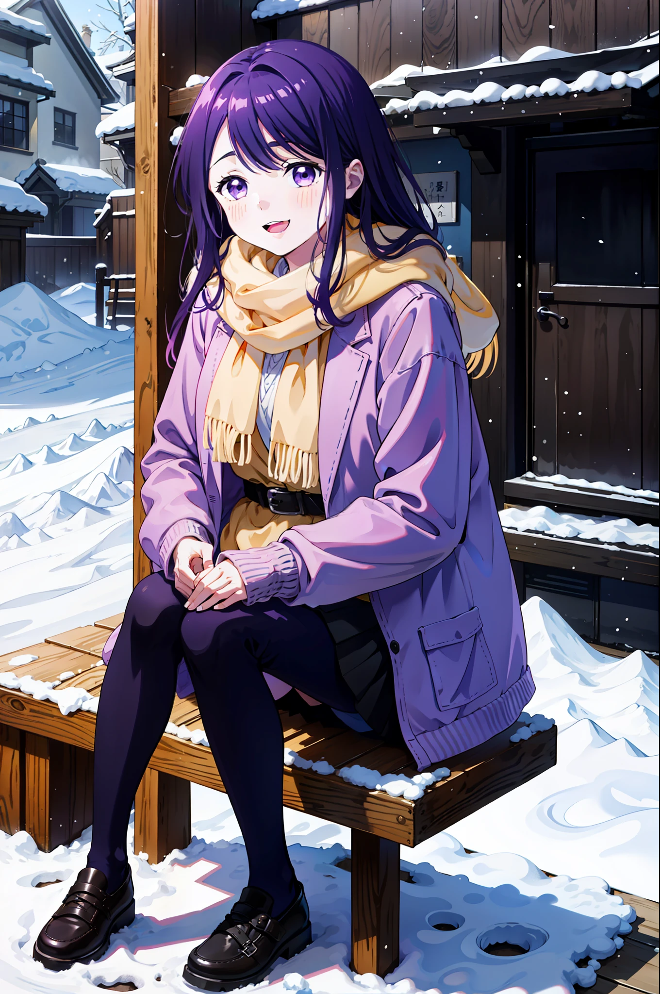 upper body, Nagisa Kubo, 1girl, scarf, purple hair, snow, purple eyes, outdoors, looking at viewer, snowing, smile, open mouth, hands in pockets, winter, coat, skirt, fringe, construction, white skirt, yellow scarf, blush, jacket, sitting on the sidewalk, :d, pleated skirt, long sleeves,, (masterpiece:1.2), highres, best quality, 8k, very clear,