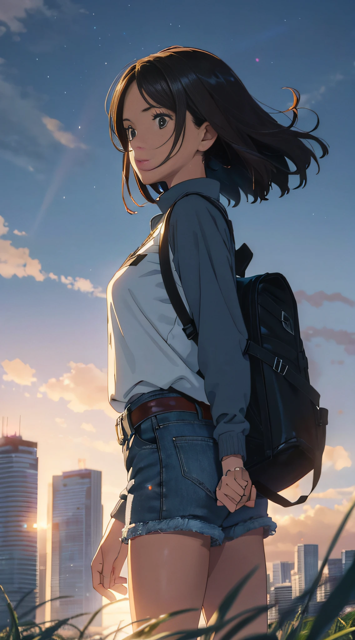 (beautiful and magnificent skyline, majestic sky), (extremely tense and dramatic pictures, moving visual effects), (high hanging Polaris, colorful natural light), (1girl), (long-sleeved top, denim shorts, carrying a backpack), (dynamic pose:1.3, black eyes, black hime-cut hair, sparkling girl)[:0.8], (large grassland), (oncoming breeze), (brown hair and background Coordination effect: 1.2), (close shot, long shot mix and match)[::0.9]