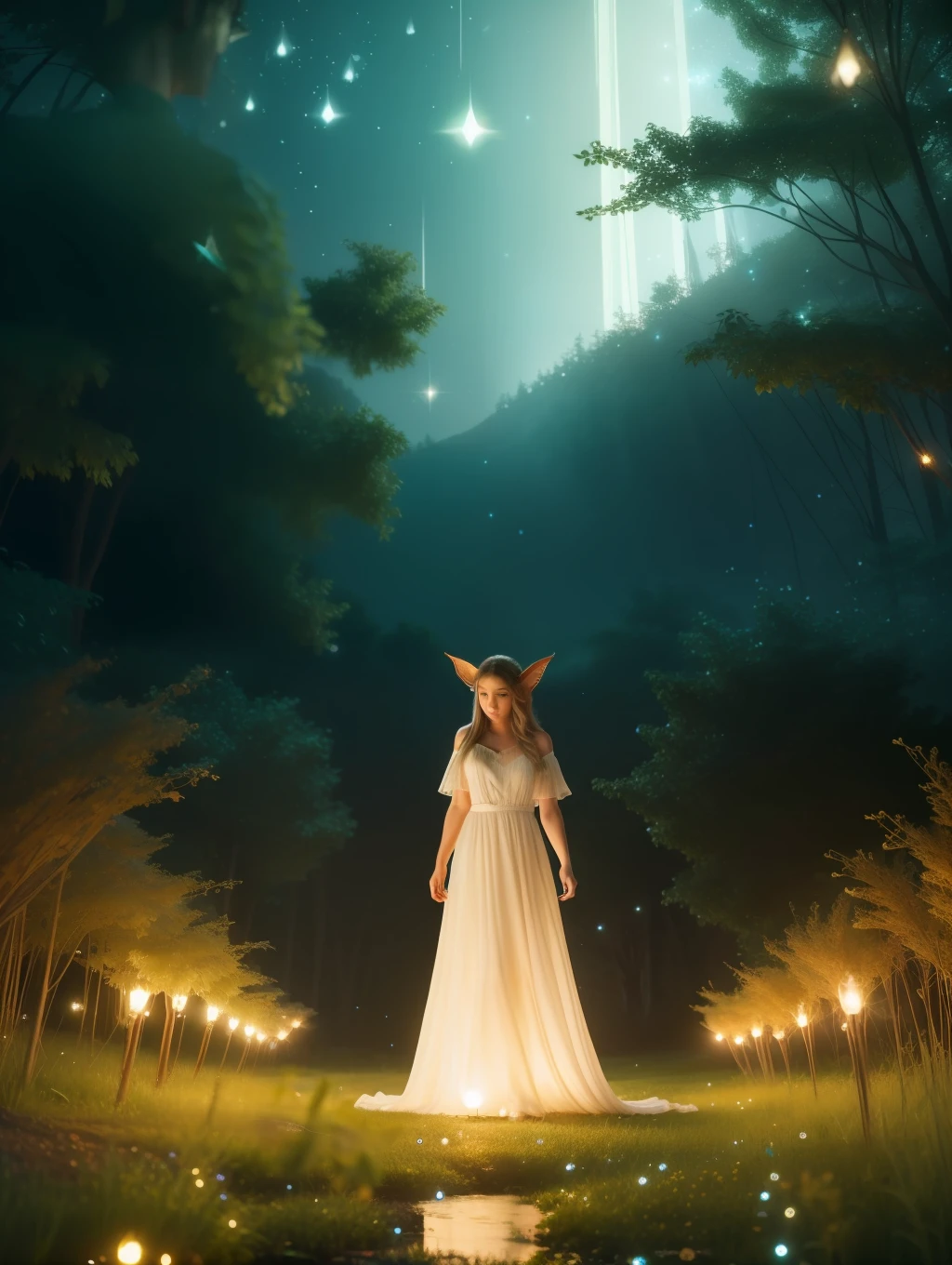 ( Masterpiece) Create a realistic image of a stunning beautiful ethereal elf walking through a field of fireflies, mirrors, fireflies over the water, photograph, wonder, amazement, night, cinematic lighting, 8k, dreamy, ethereal, lightcore, cinematic, digital art, glow in the dark, starry