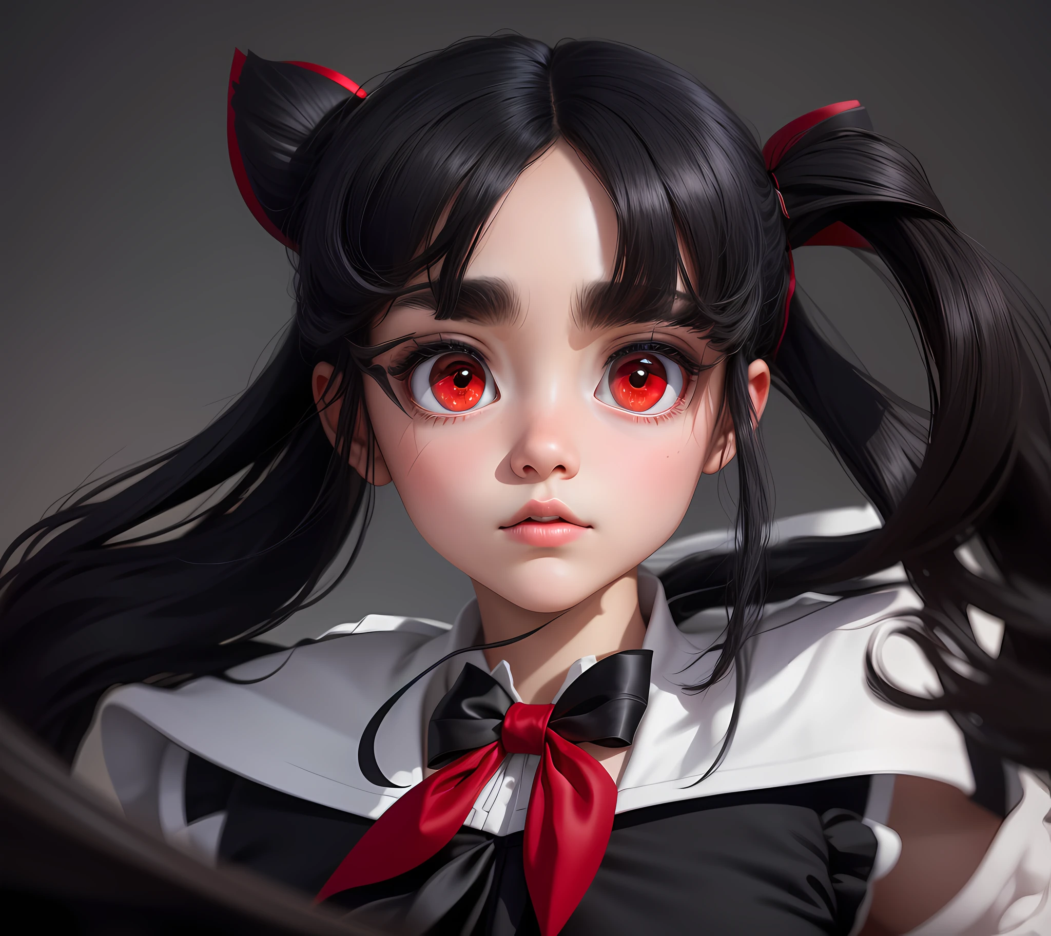 Masterpiece, 8k full hd, very detailed black hair, bow in hair, big red eyes, sailor outfit, best quality picture, high definition, cinematic light, white and gray background.