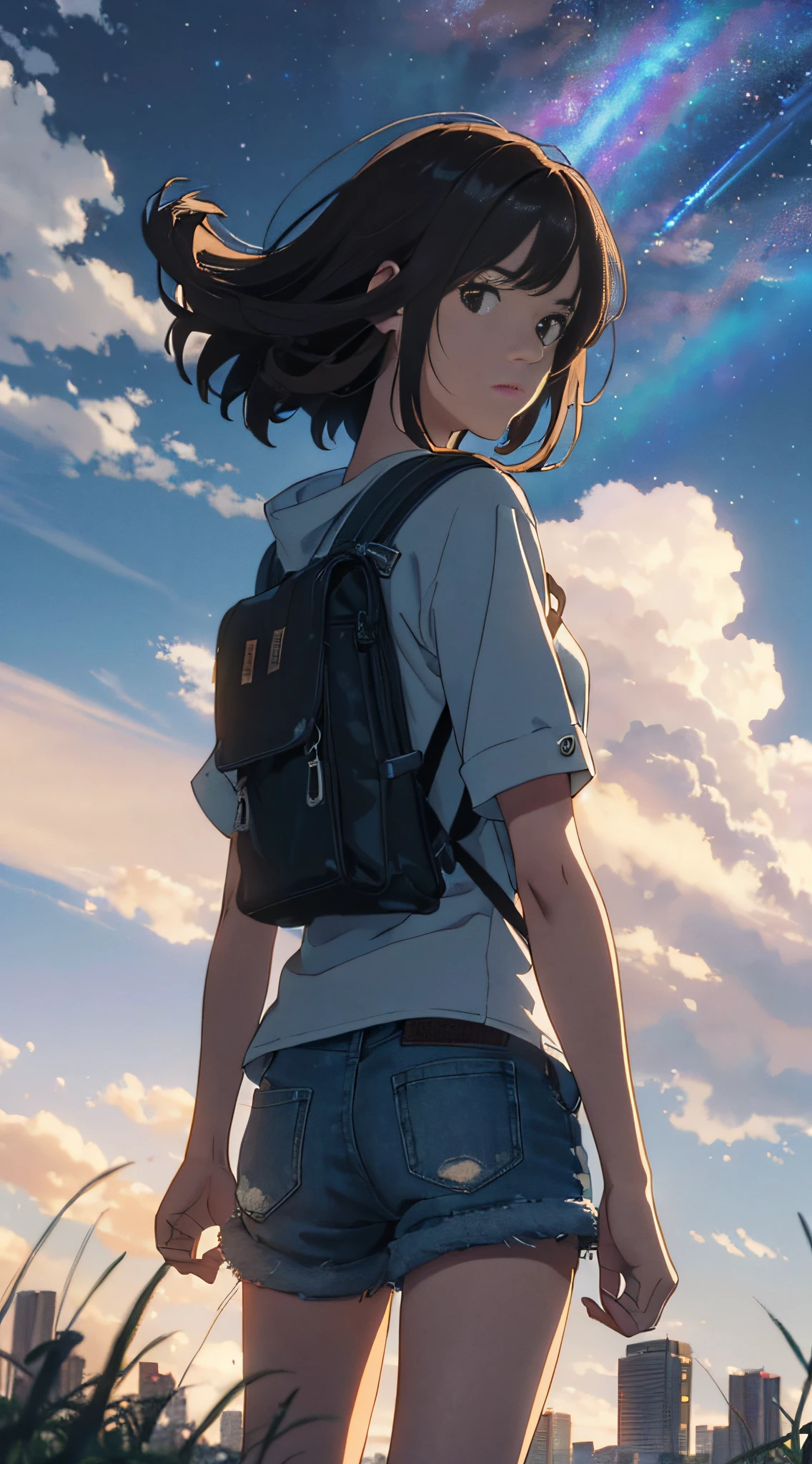 (beautiful and magnificent skyline, majestic sky), (extremely tense and dramatic pictures, moving visual effects), (high hanging Polaris, colorful natural light), (1girl), (long-sleeved top, denim shorts, carrying a backpack), (dynamic pose:1.3, black eyes, black hime-cut hair, sparkling girl)[:0.8], (large grassland), (oncoming breeze), (brown hair and background Coordination effect: 1.2), (close shot, long shot mix and match)[::0.9]