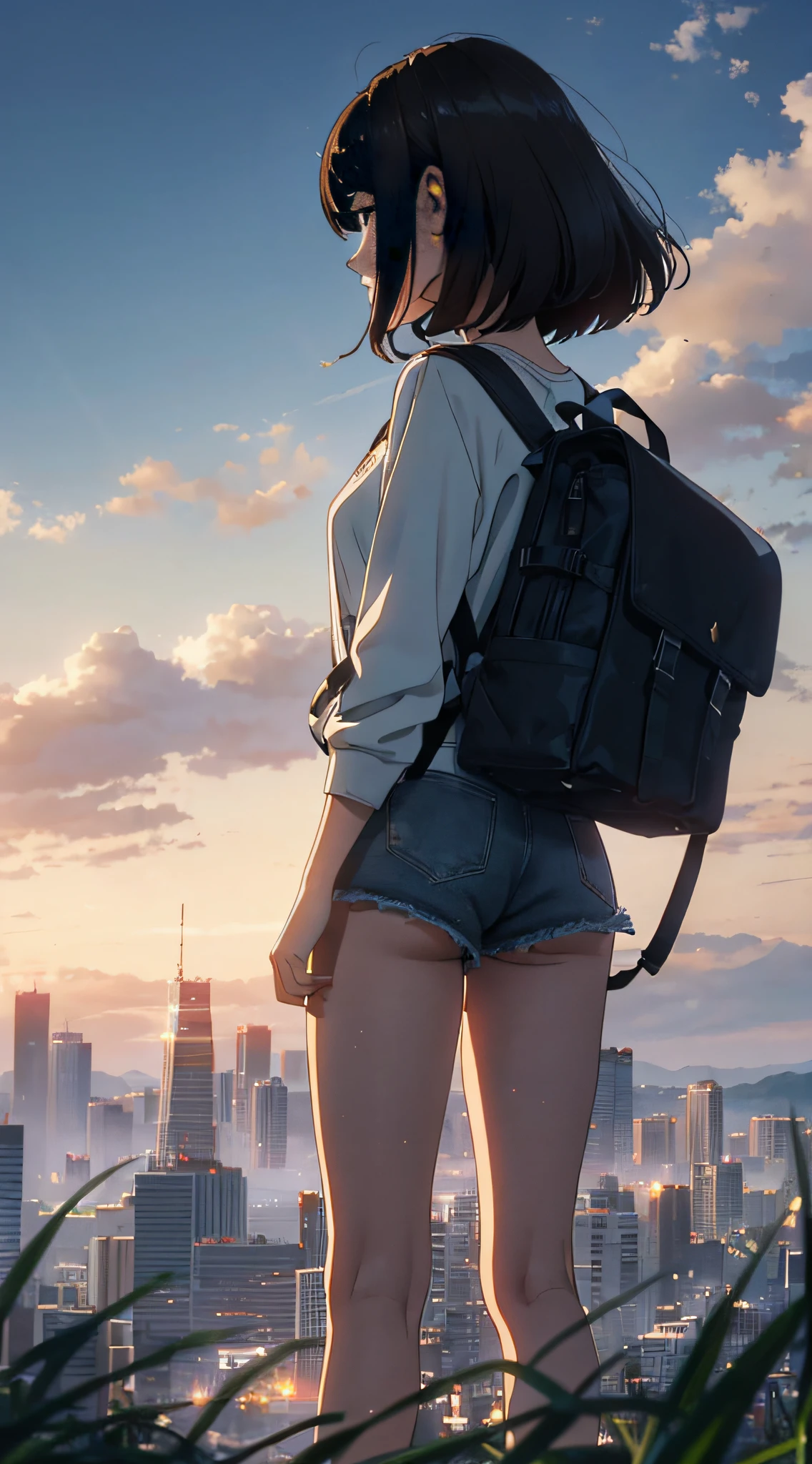 (beautiful and magnificent skyline, majestic sky), (extremely tense and dramatic pictures, moving visual effects), (high hanging Polaris, colorful natural light), (1girl), (long-sleeved top, denim shorts, carrying a backpack), (dynamic pose:1.3, black eyes, black hime-cut hair, sparkling girl)[:0.8], (large grassland), (oncoming breeze), (brown hair and background Coordination effect: 1.2), (close shot, long shot mix and match)[::0.9]