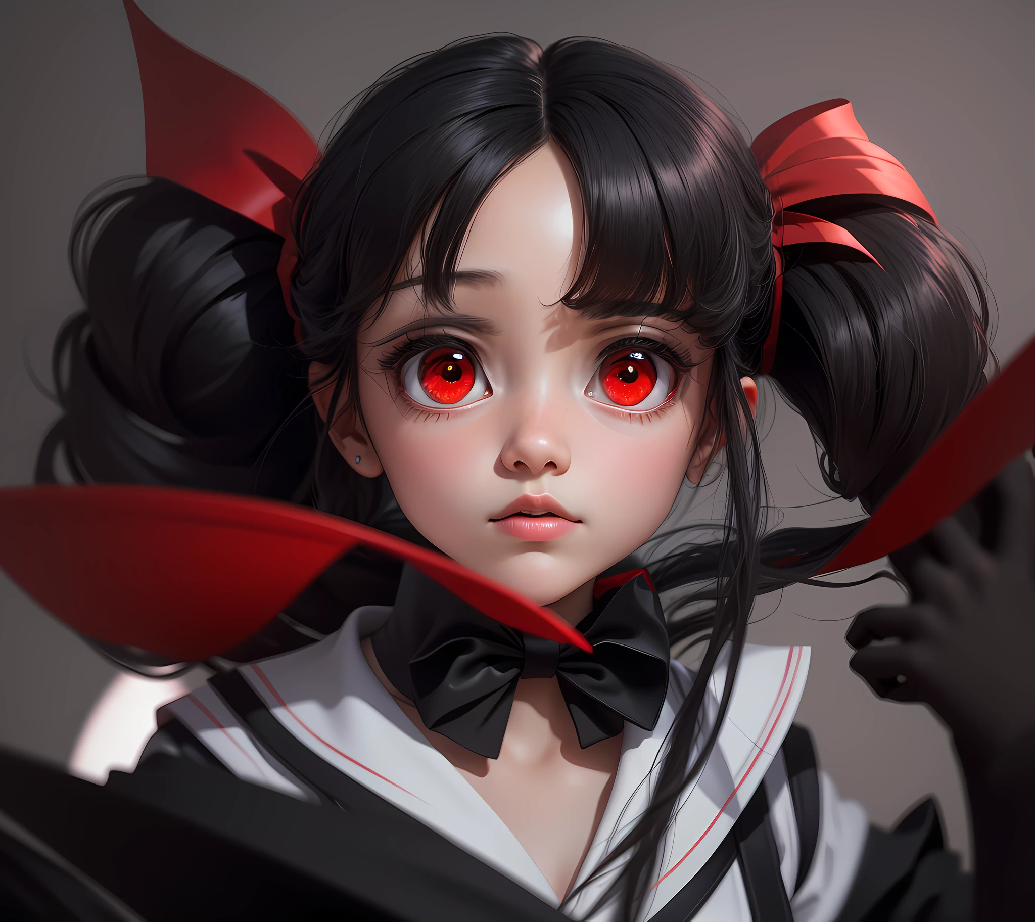 Masterpiece, 8k full hd, very detailed black hair, bow in hair, big red eyes, sailor outfit, best quality picture, high definition, cinematic light, white and gray background.