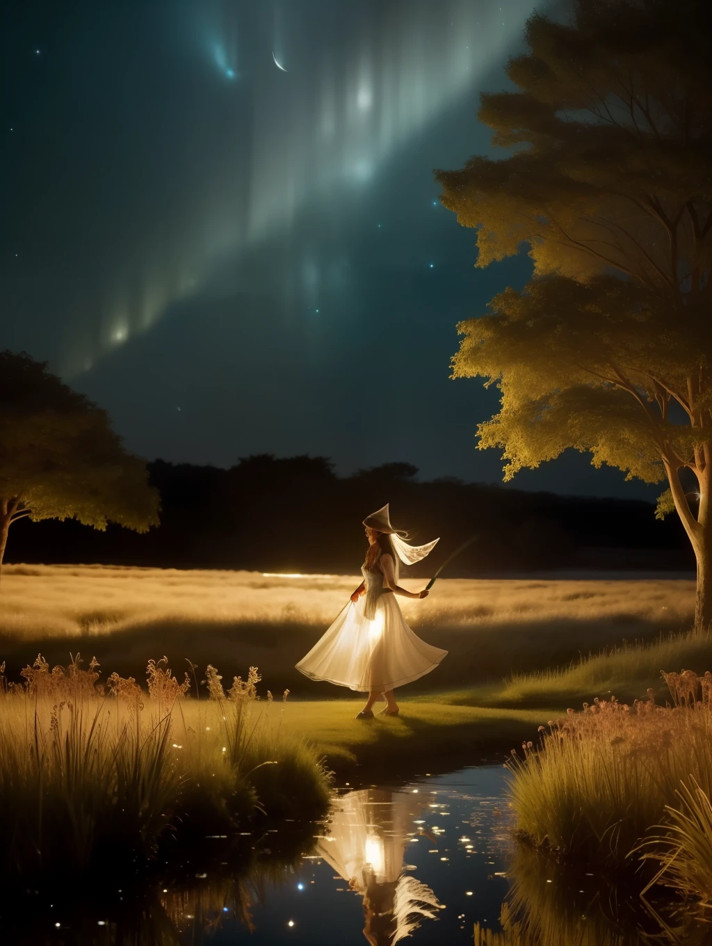 ( Masterpiece) Create a realistic image of a stunning beautiful ethereal elf walking through a field of fireflies, mirrors, fireflies over the water, photograph, wonder, amazement, night, cinematic lighting, 8k, dreamy, ethereal, lightcore, cinematic, digital art, glow in the dark, starry