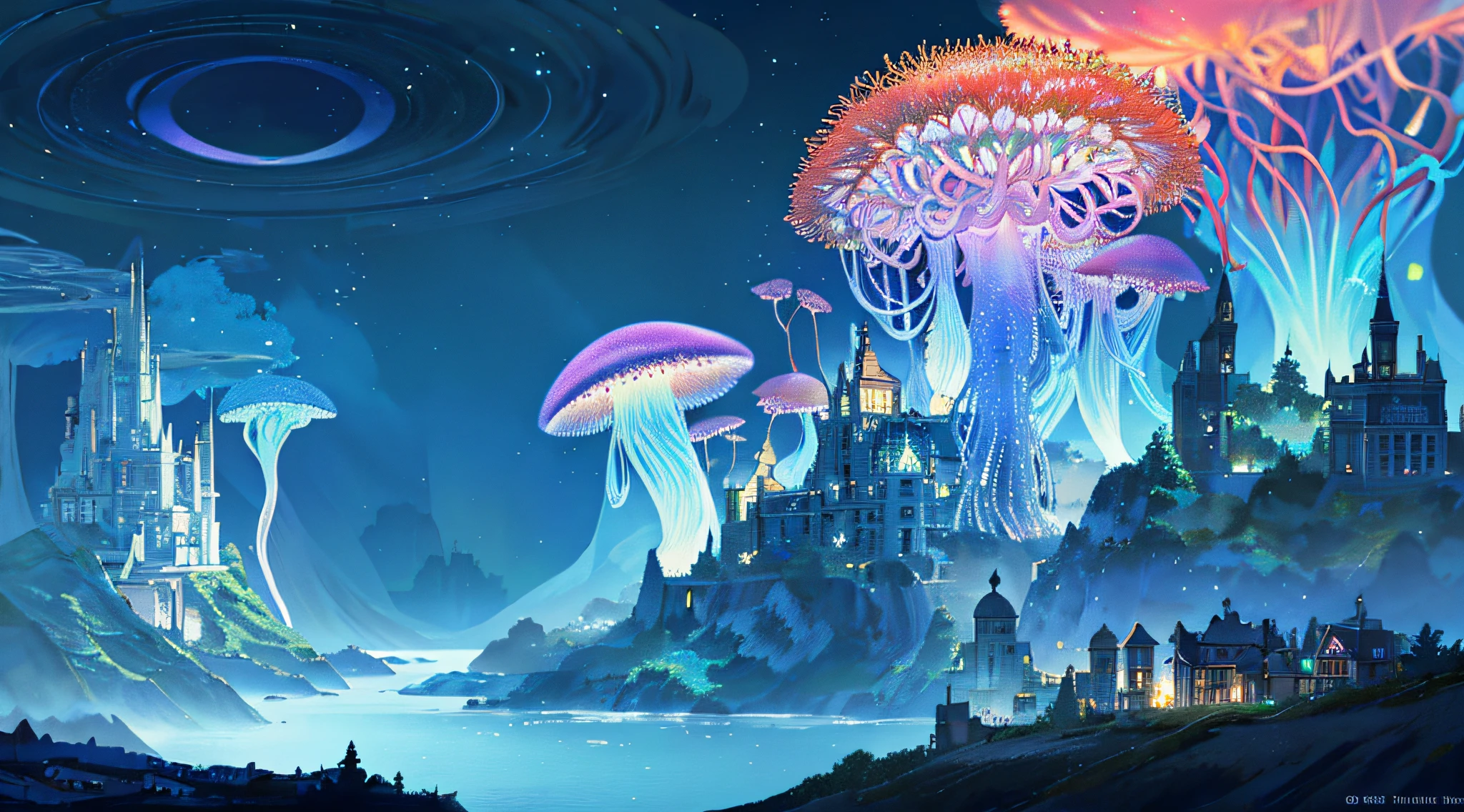 Masterpiece, High Quality, Ocean Forest, City, Fantastic Fantasy, Glowing Plants, Coral Viaduct, (Swarm of Glowing Jellyfish), (Shoal of Fish with Transparent Wings Flying in the Sky), Misty, Extreme Detail, Morning Light, Epic Composition, (Intricate Detail), (Intricate Design, Ultra Detail: 1.2), Art Station, (Masterpiece, Best Quality), Ultra HD, 32k ,castle,relic --v 6