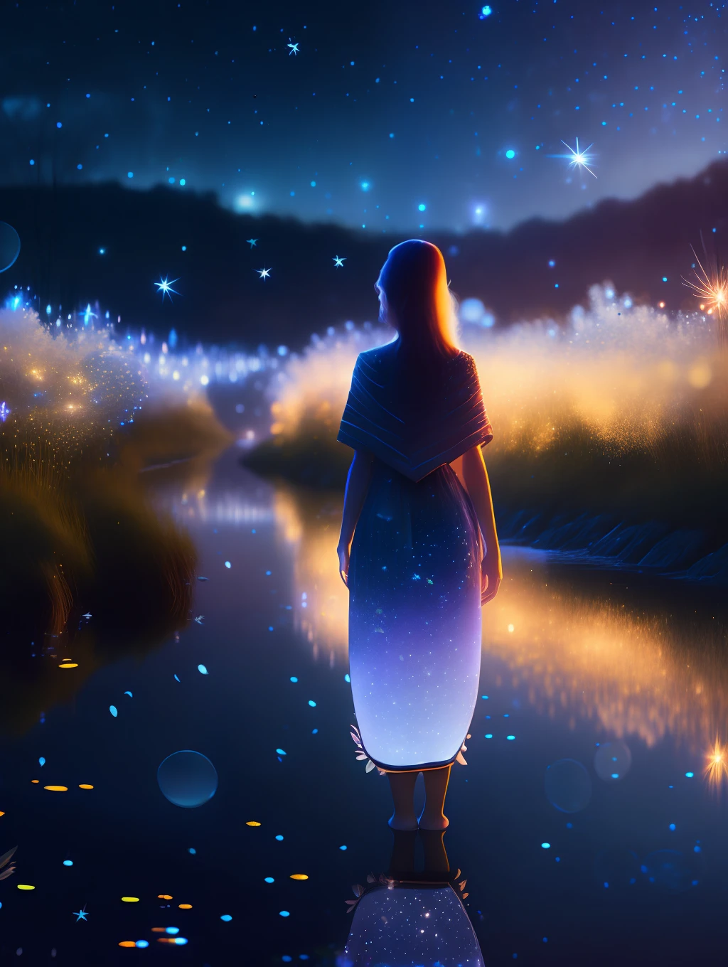 ( Masterpiece) Create a realistic image of a stunning beautiful ethereal elf walking through a field of fireflies, mirrors, fireflies over the water, photograph, wonder, amazement, night, cinematic lighting, 8k, dreamy, ethereal, lightcore, cinematic, digital art, glow in the dark, starry