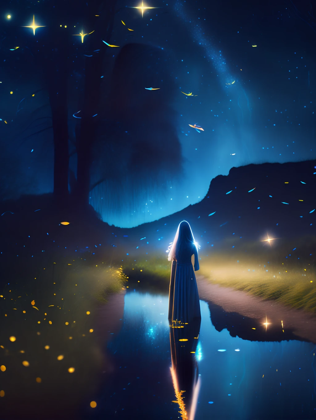 ( Masterpiece) Create a realistic image of a stunning beautiful ethereal elf walking through a field of fireflies, mirrors, fireflies over the water, photograph, wonder, amazement, night, cinematic lighting, 8k, dreamy, ethereal, lightcore, cinematic, digital art, glow in the dark, starry