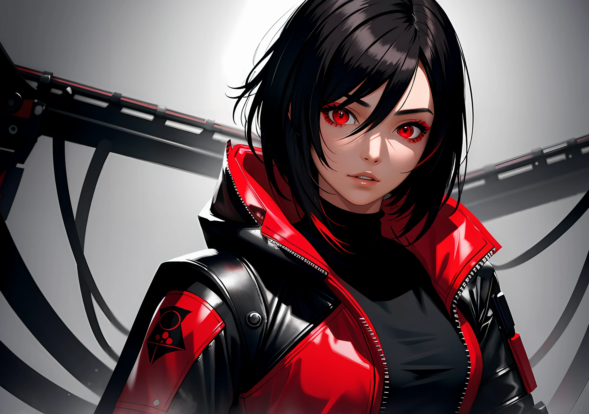 ((Best Quality)), ((Masterpiece)), ((Realistic)) and ultra-detailed photograph of an Asian girl, short black hair with red locks, black techwear ninja style outfit with details on the red edges, b-girl style ((beautiful and aesthetic))