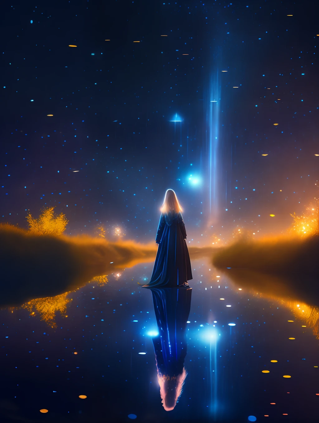 ( Masterpiece) Create a realistic image of a stunning beautiful ethereal elf walking through a field of fireflies, mirrors, fireflies over the water, photograph, wonder, amazement, night, cinematic lighting, 8k, dreamy, ethereal, lightcore, cinematic, digital art, glow in the dark, starry
