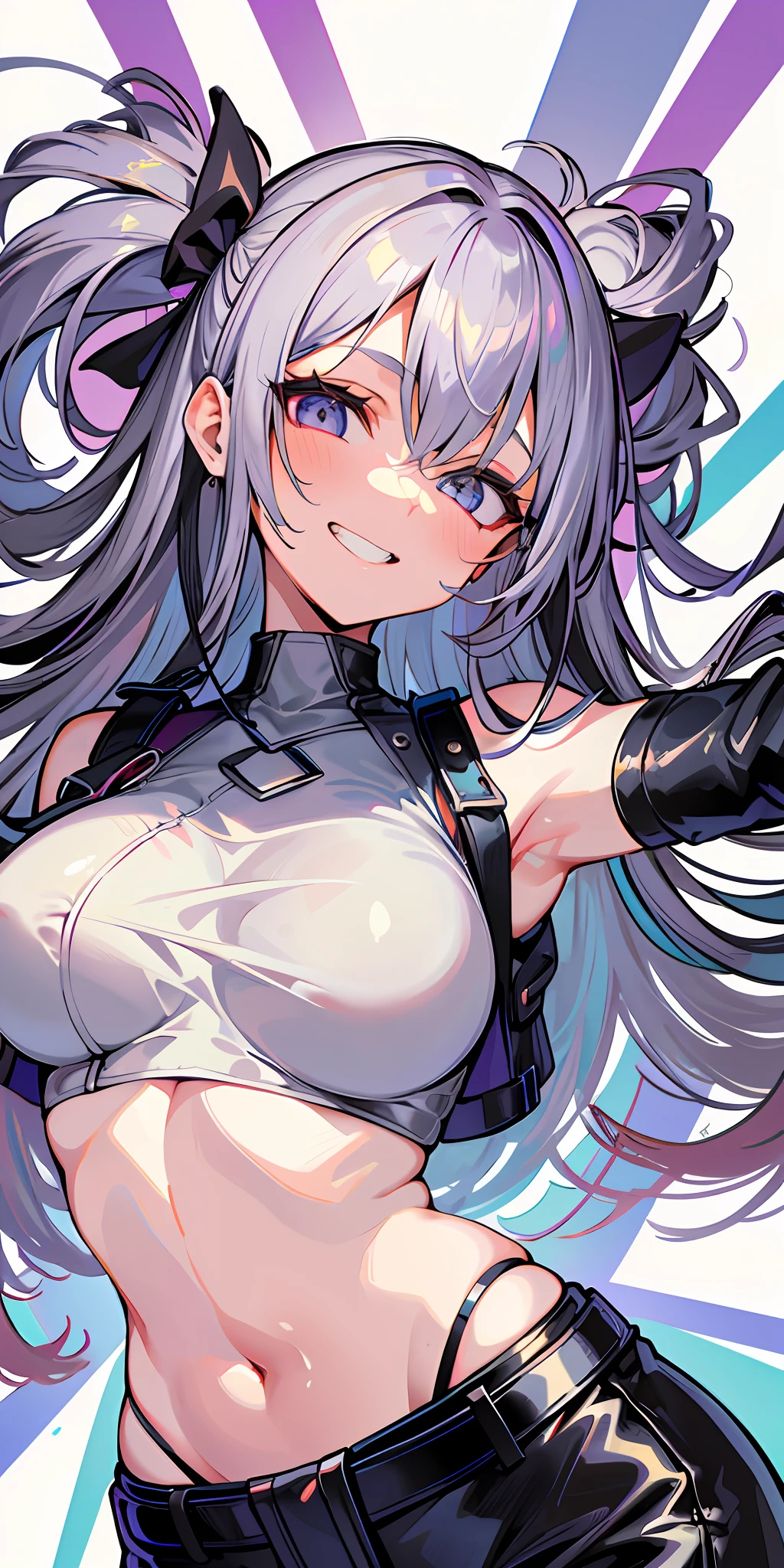 (Masterpiece: 1.6, Best Quality), (Fine and Beautiful Eyes: 1.2), (Overhead), High Quality, Beautiful Face, 1girl, Wide Shot, White Crop Top, Leather Shorts, Oversized Leather Jacket, Open Shoulders, Silver Hair, Big Tits, Long Hair, Wide Hips, (Sideways), Street, Background, Detail Background, Spooky Grin, Angled Laughter at the Corners of Mouth,