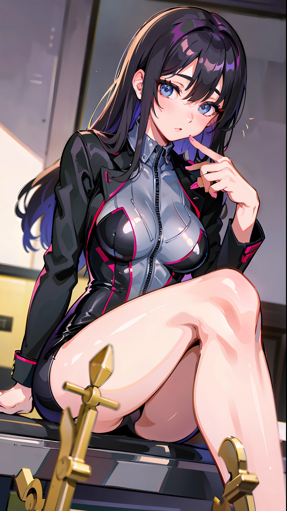 (Best Quality, 8k, 32k, Masterpiece, UHD: 1.2), 1 Girl, Beautiful Japan Woman, Thin Waist, Black Suit, Open Jacket, Office Lady, Suit, Tight Skirt, Office, Desk, Fine Face, Long Hair, Open Legs, Sitting at a Desk, M-Shaped Legs, Crotch Open, Large Thigh, Legs Spread,