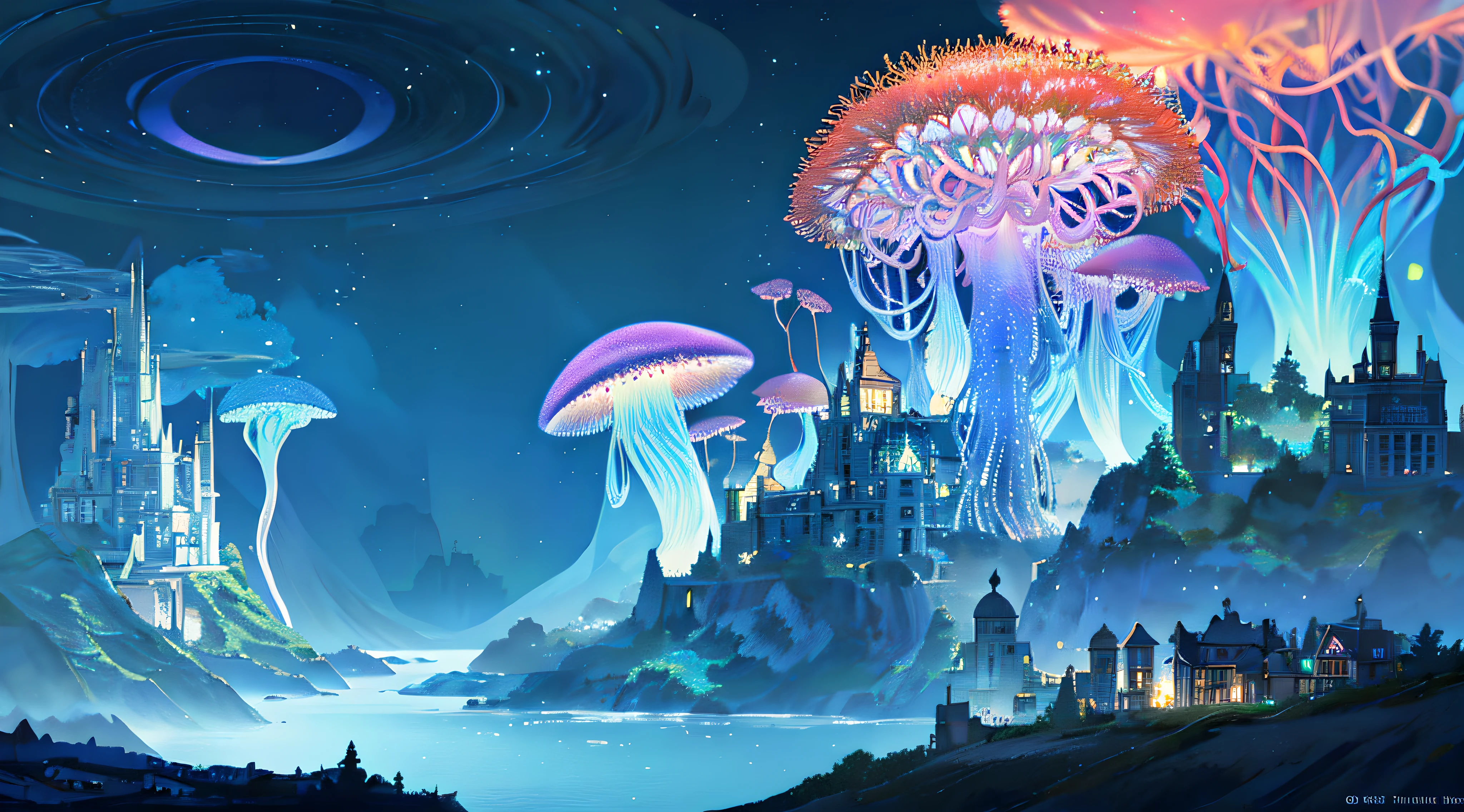 Masterpiece, High Quality, Ocean Forest, City, Fantastic Fantasy, Glowing Plants, Coral Viaduct, (Swarm of Glowing Jellyfish), (Shoal of Fish with Transparent Wings Flying in the Sky), Misty, Extreme Detail, Morning Light, Epic Composition, (Intricate Detail), (Intricate Design, Ultra Detail: 1.2), Art Station, (Masterpiece, Best Quality), Ultra HD, 32k ,castle,relic --v 6